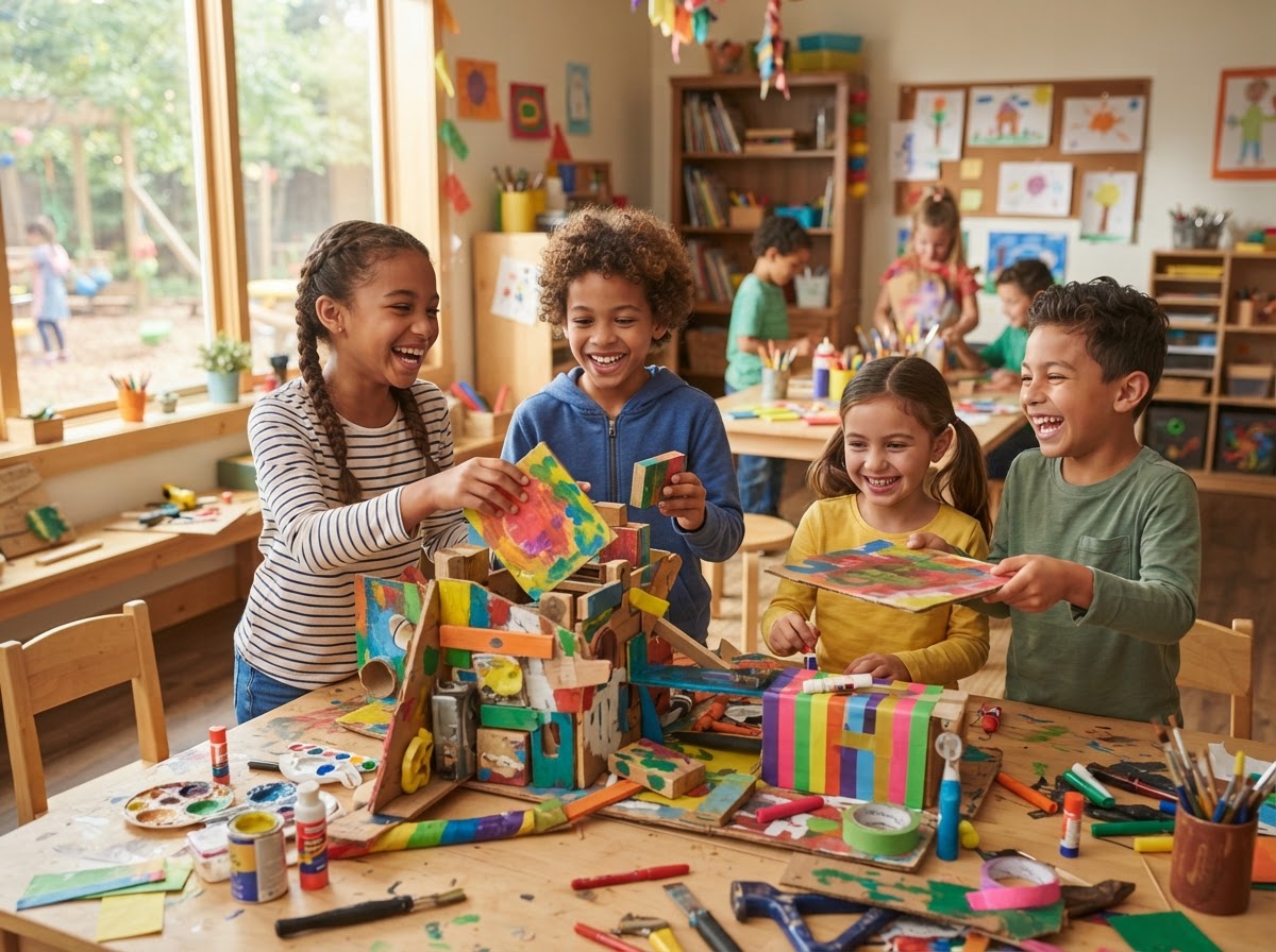 Kids engaged in joyful creative enrichment projects