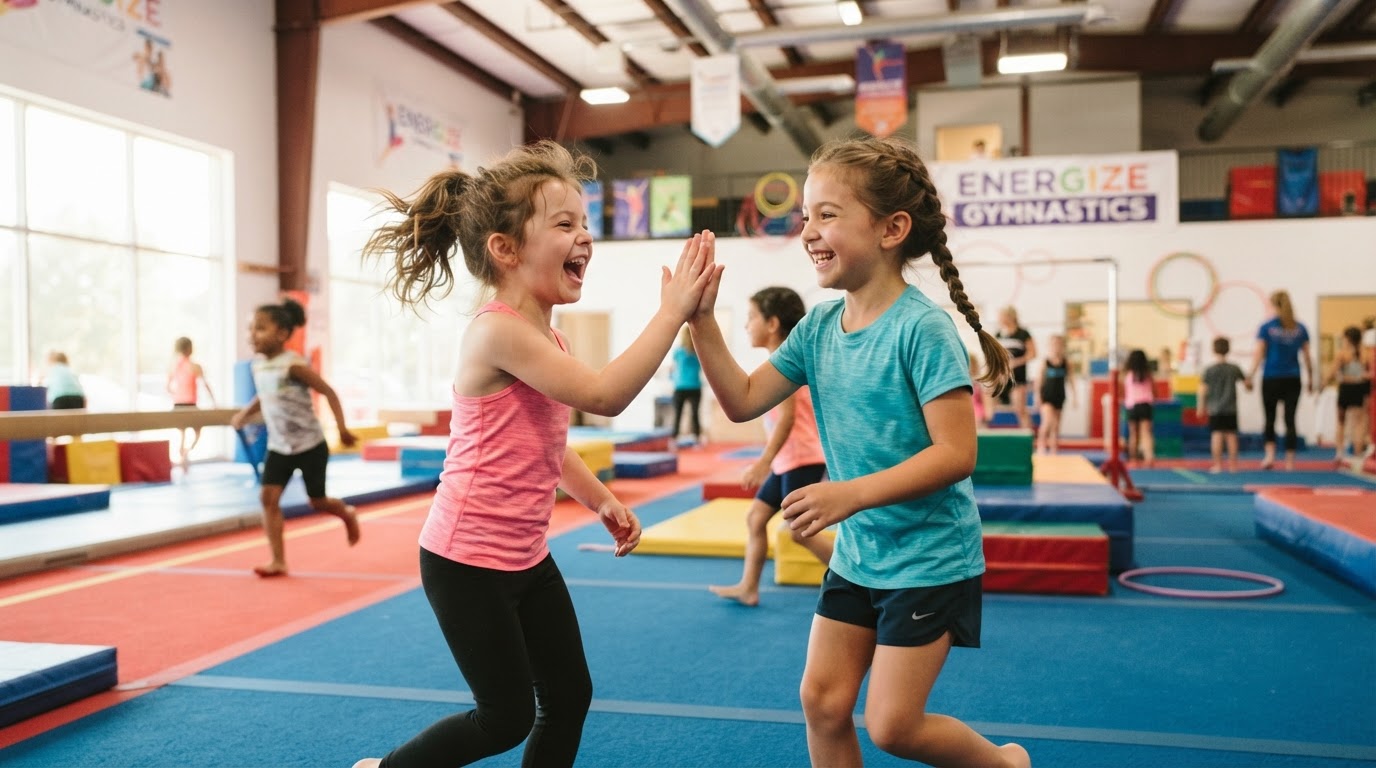 Happy energetic children celebrating together during a youth sports program