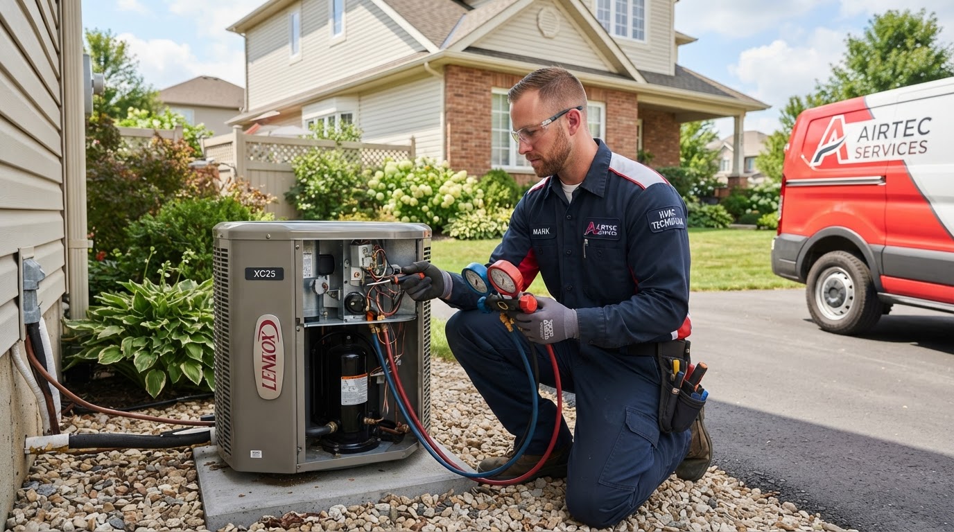 Triple M HVAC technician servicing a residential air conditioning unit