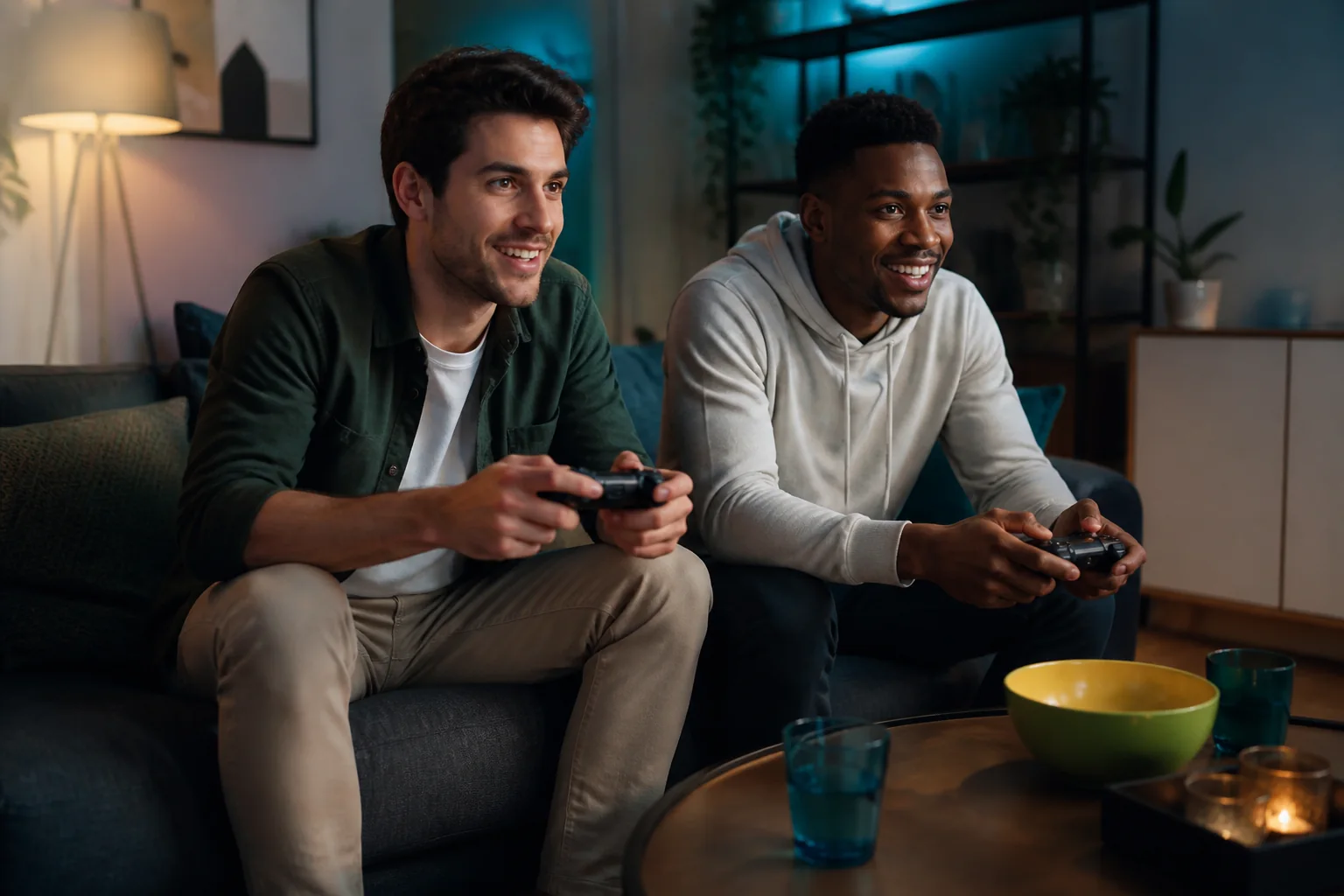 Two friends gaming together in a living room