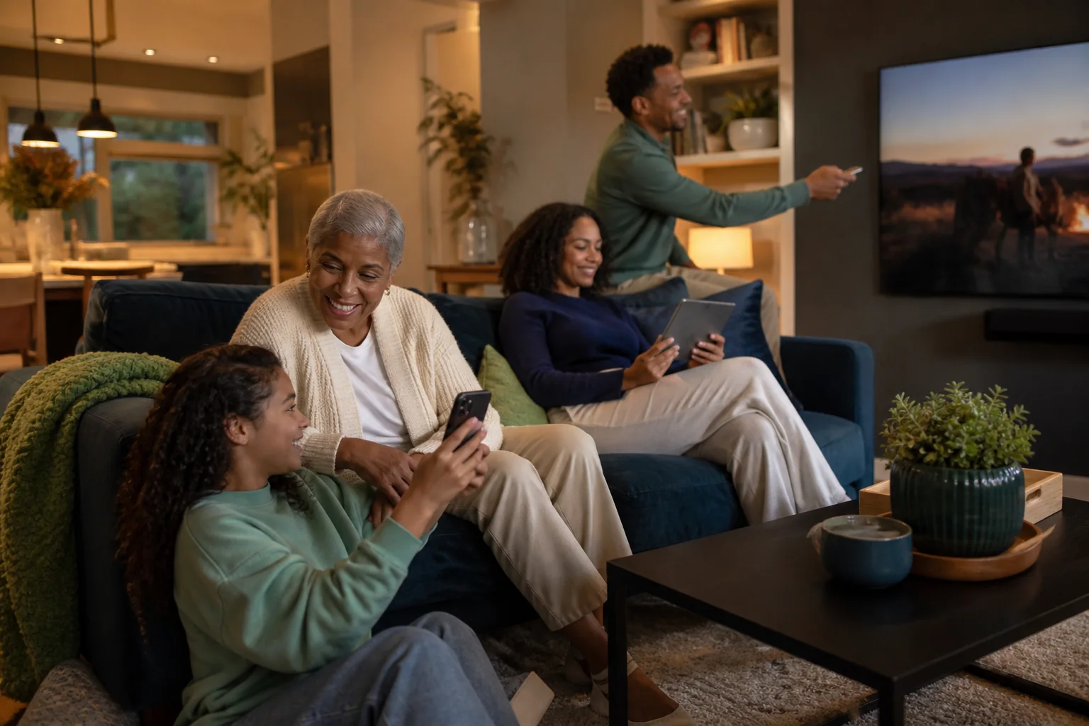 Family relaxing together while using connected devices