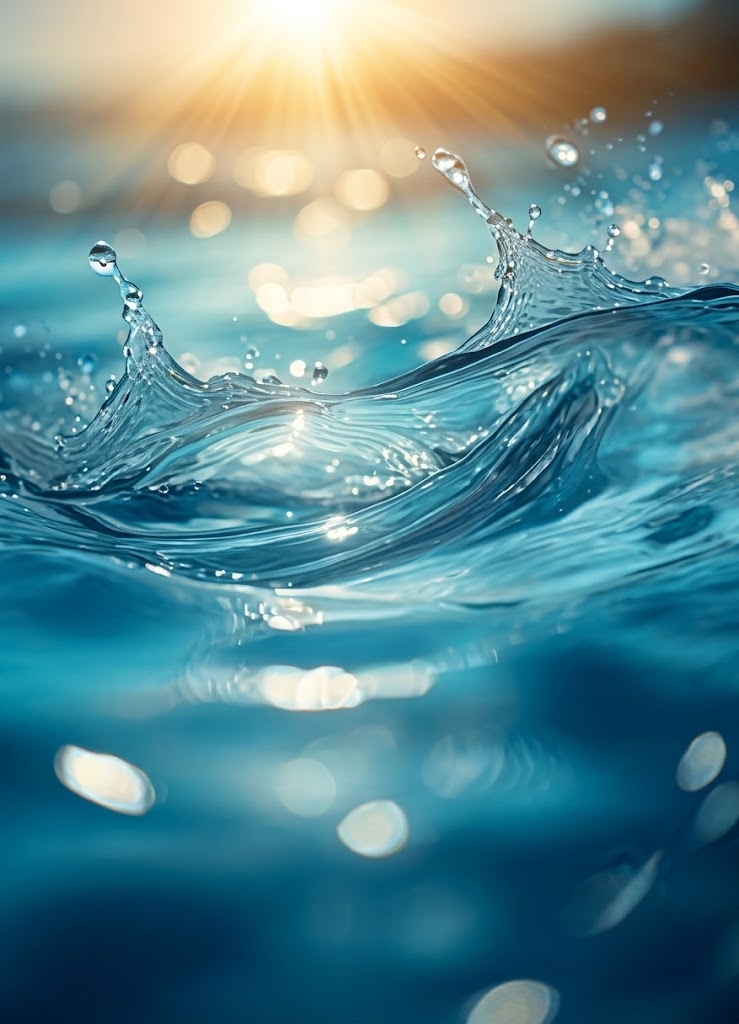 Pure, sparkling clean water splash illuminated by warm sunlight