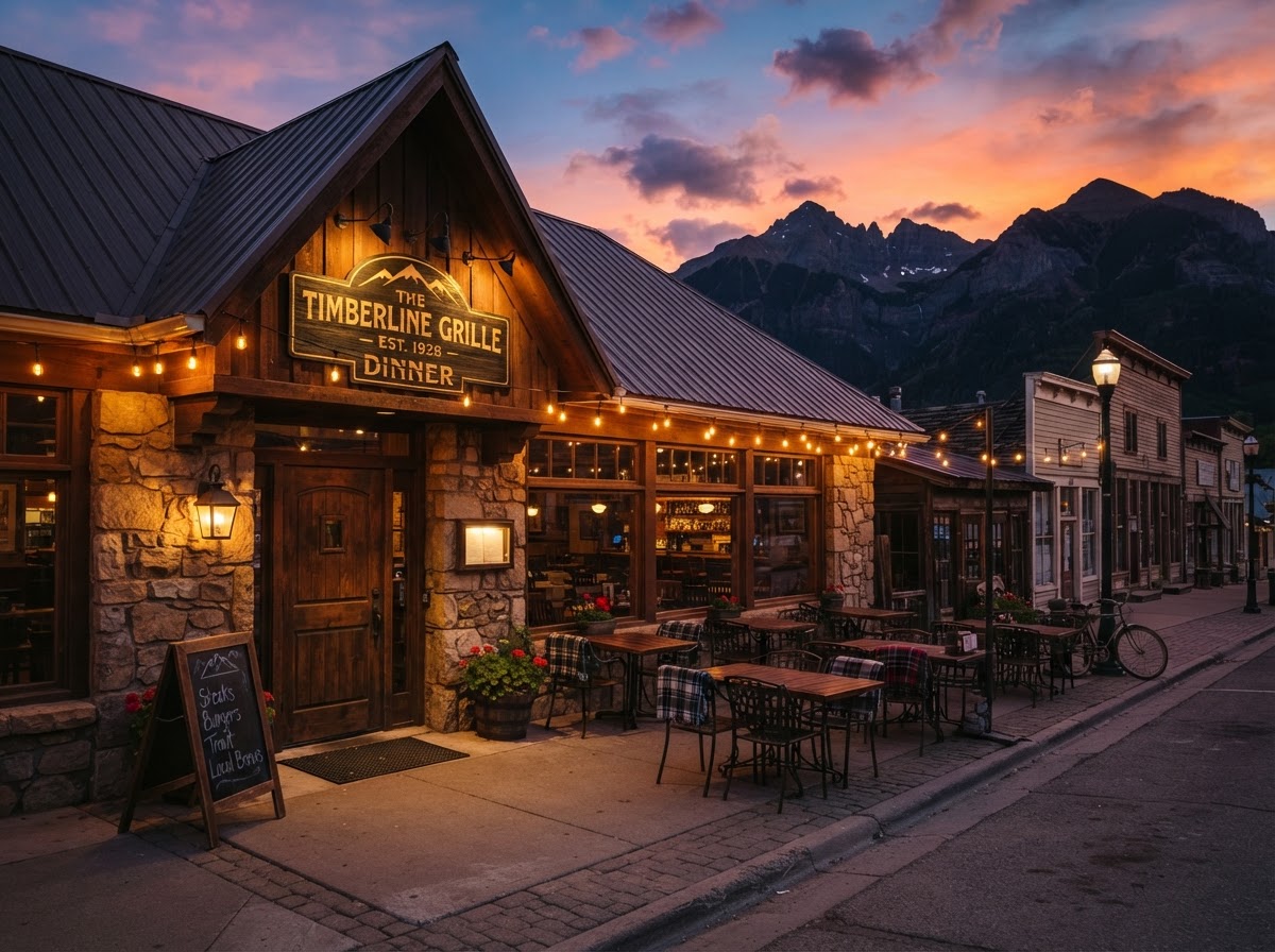 A golden-hour Colorado mountain-town restaurant exterior featured in the roundup