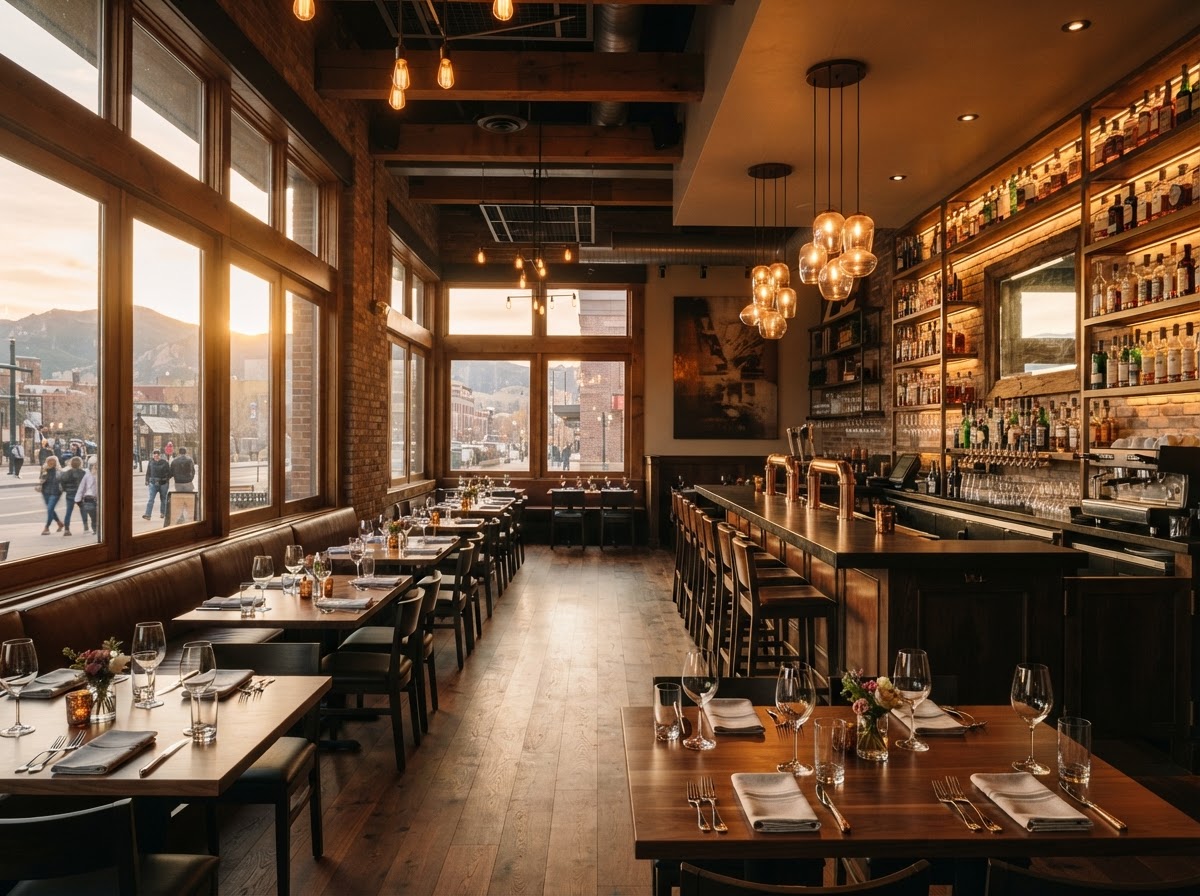 Warm, modern Colorado restaurant interior at golden hour