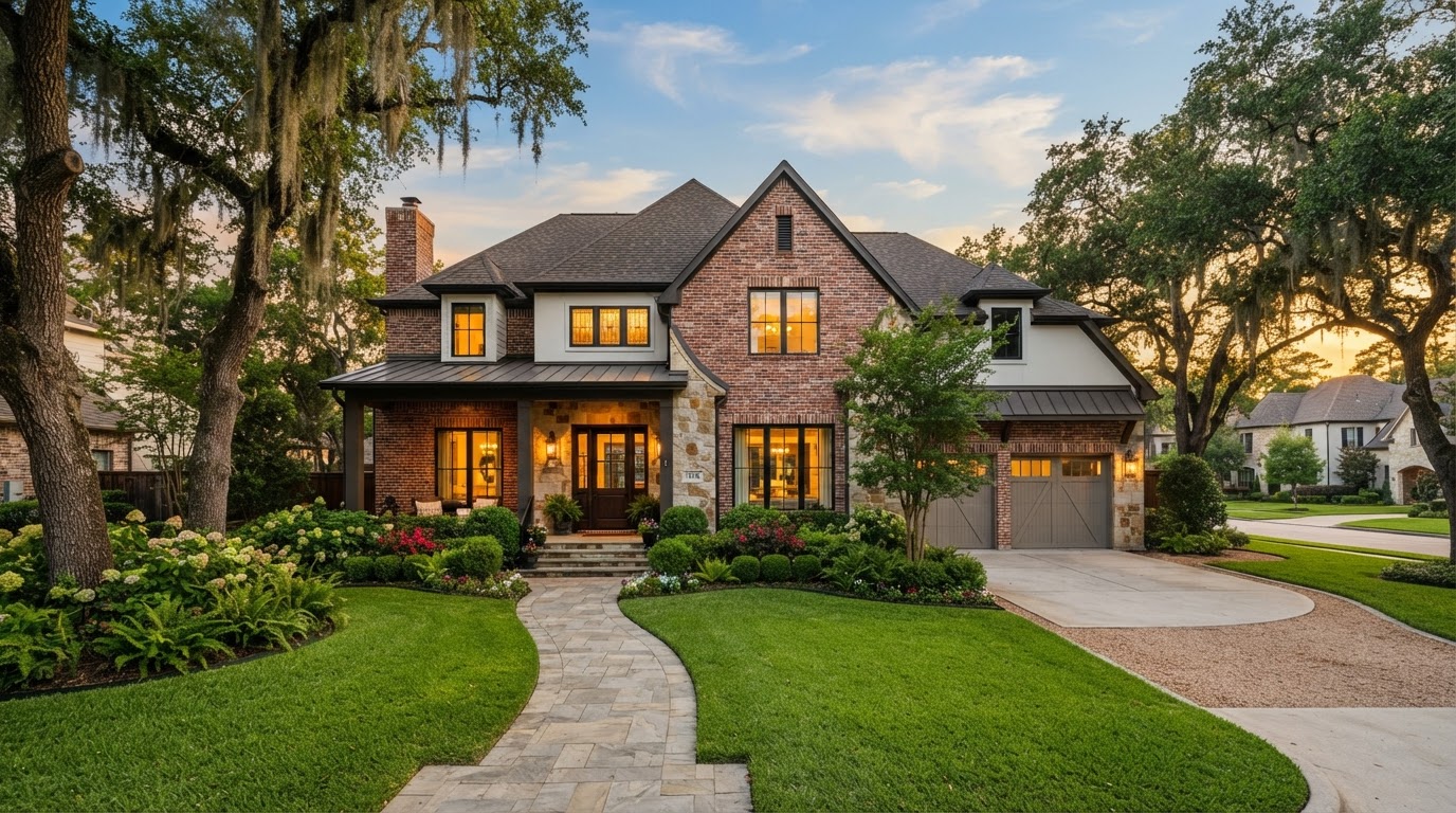 A welcoming Houston family home with a brick facade and manicured lawn at golden hour