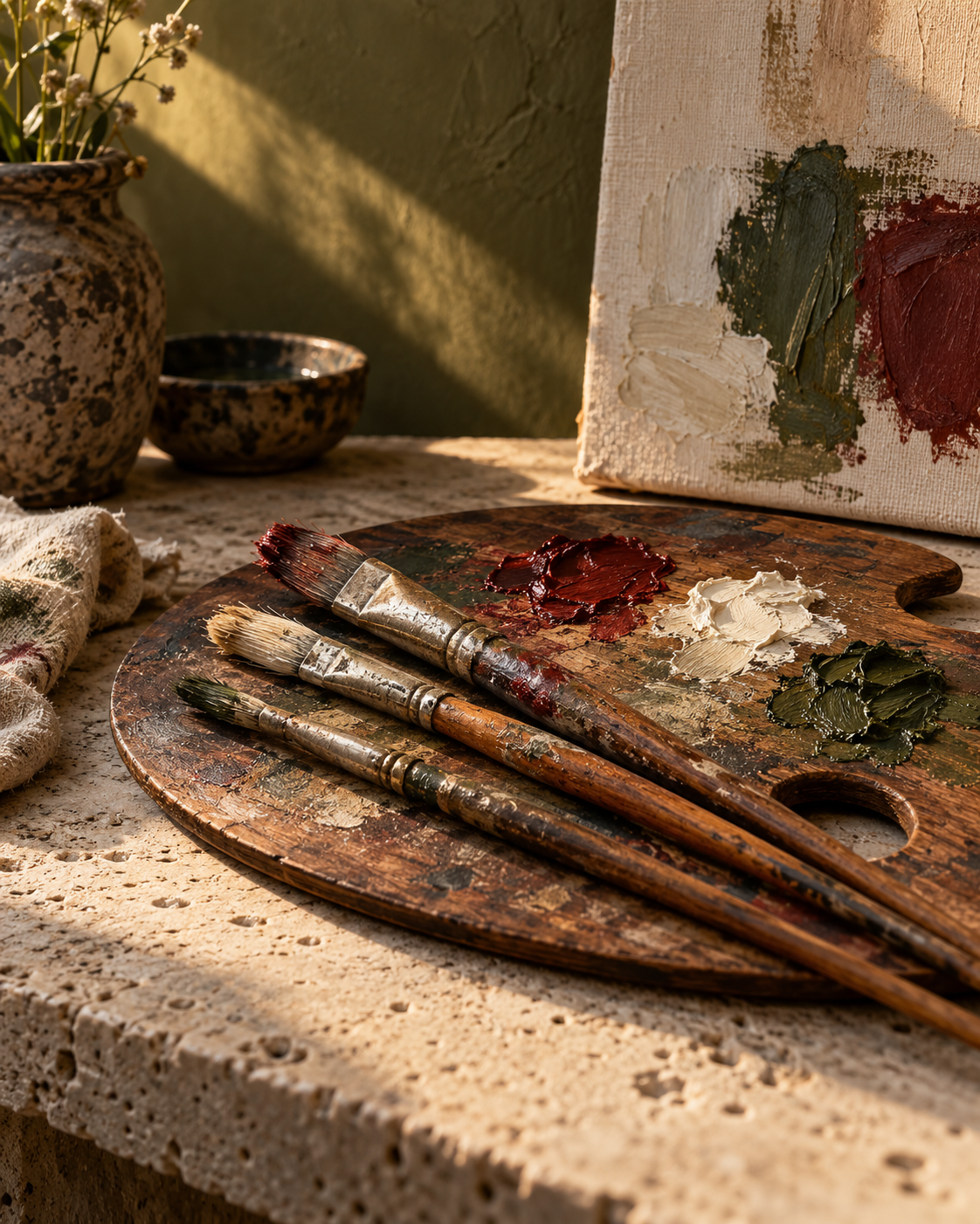 Artist's wooden palette with rich oil paints, textured canvas and three natural bristle brushes resting on a stone sill