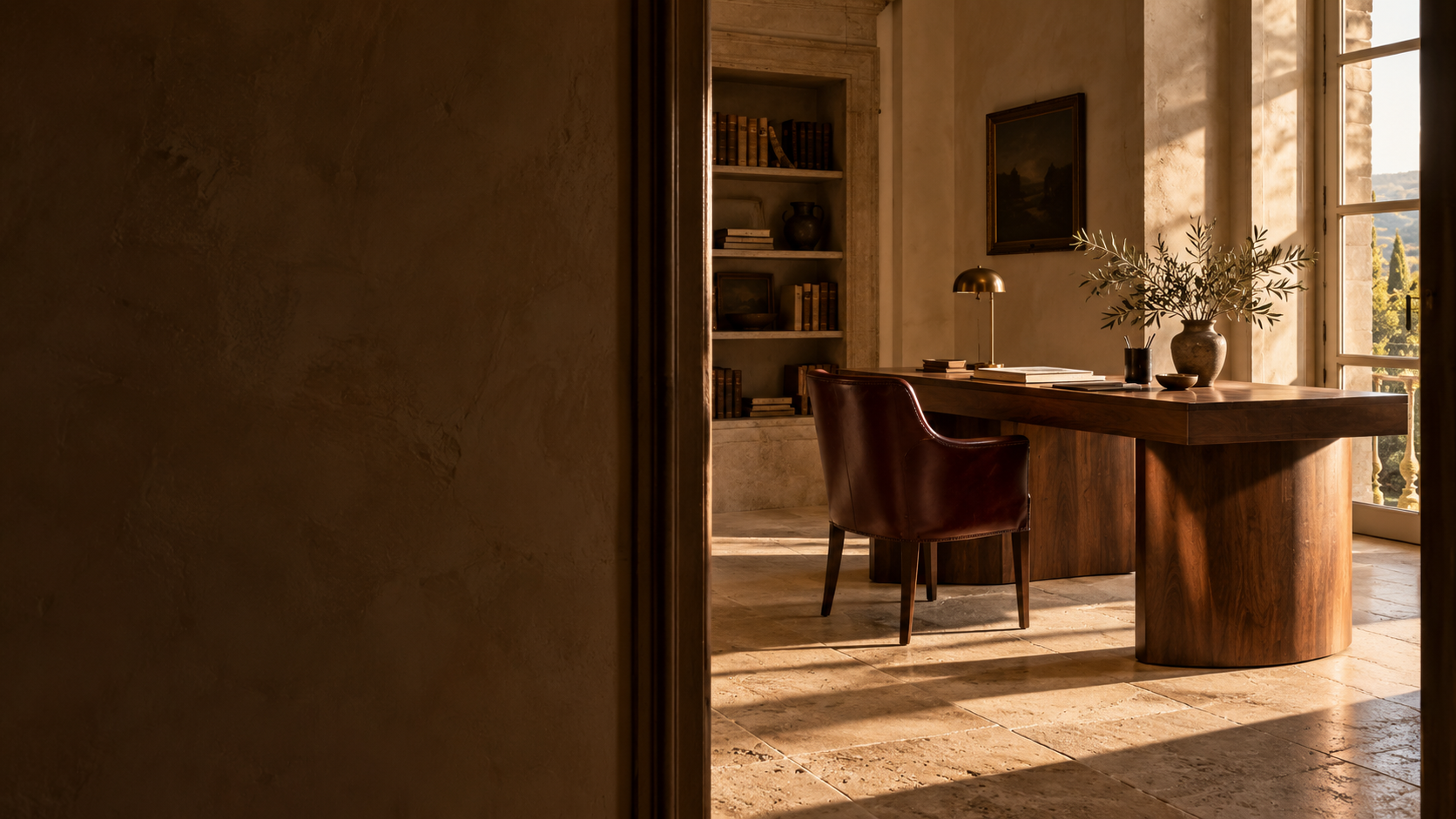 Close crop of an orderly walnut desk with cream folders and a closed green folio in soft golden light