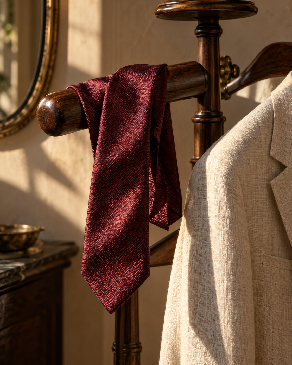 Burgundy woven silk tie draped over a wooden valet stand beside an unbuttoned cream linen jacket in warm sunlight