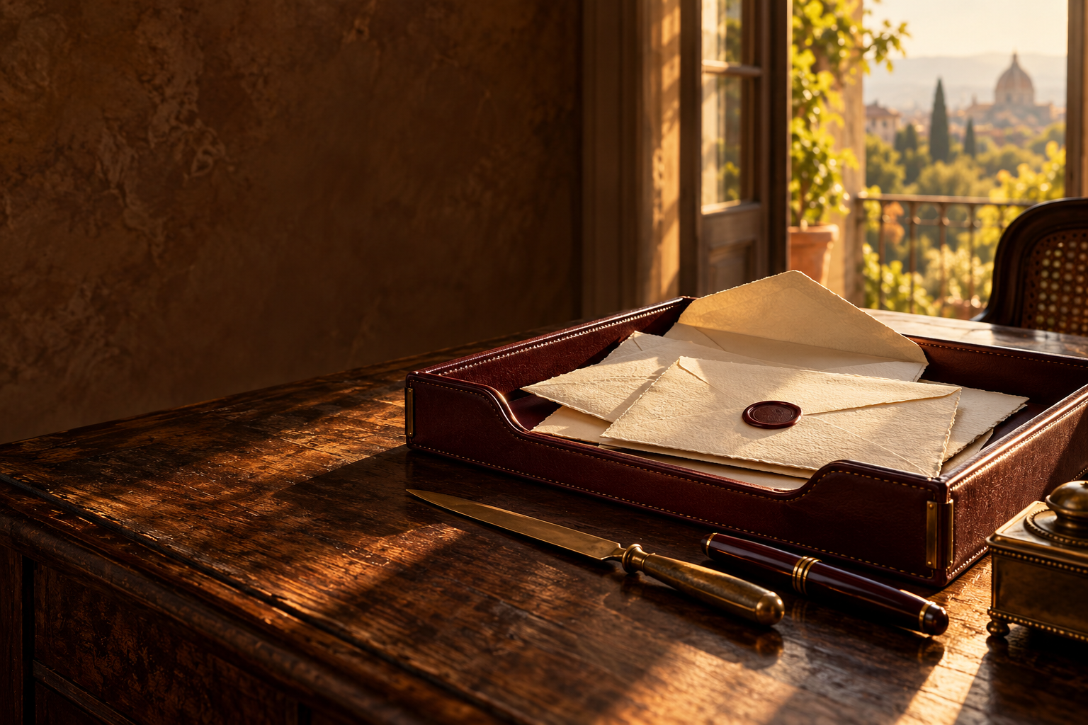 Burgundy leather correspondence tray with wax-sealed ivory envelopes, brass letter opener, and fountain pen in warm sunlight