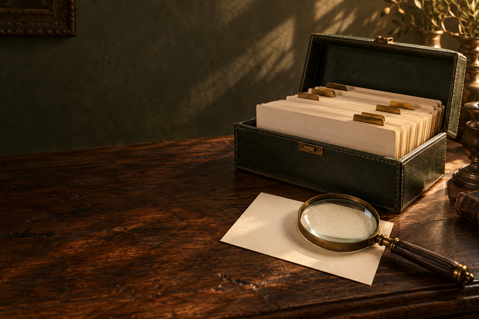 Green leather archival index box with cream divider cards and brass magnifying glass on warm sunlit wooden surface