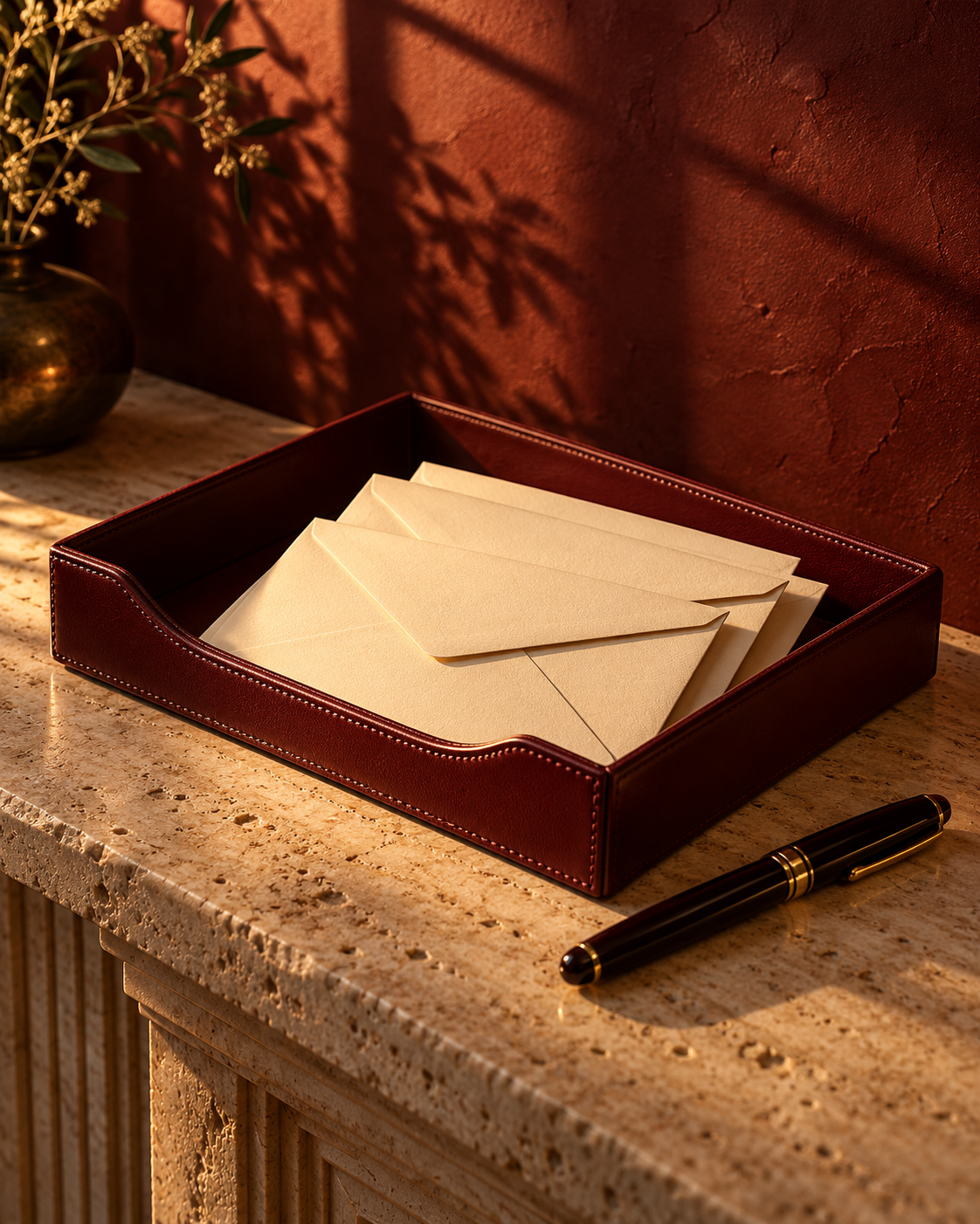 Burgundy leather correspondence tray with ivory envelopes and a fountain pen in warm afternoon light