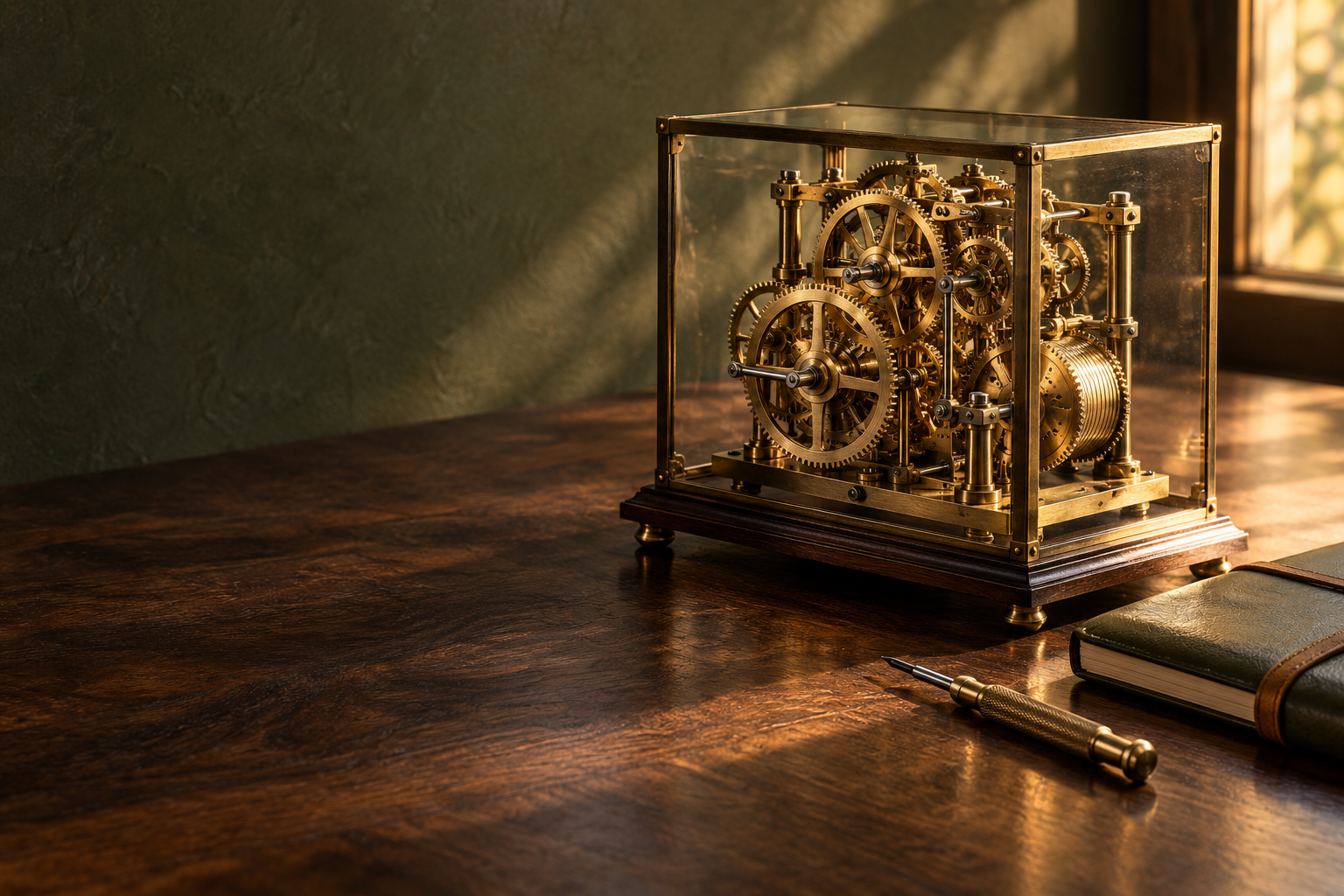 Intricate brass clockwork mechanism inside a glass display case with adjusting tool and green leather notebook on sunlit walnut desk