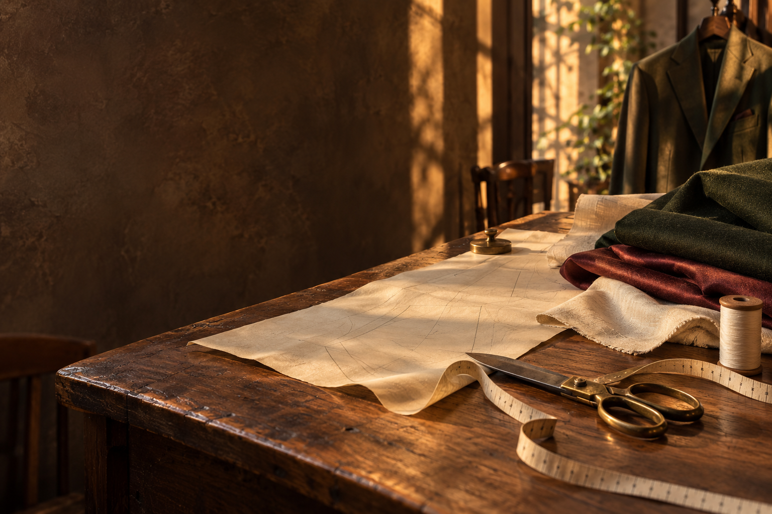 Artisan tailoring atelier with paper pattern, brass scissors, measuring tape and rolls of fine wool and silk in warm golden light