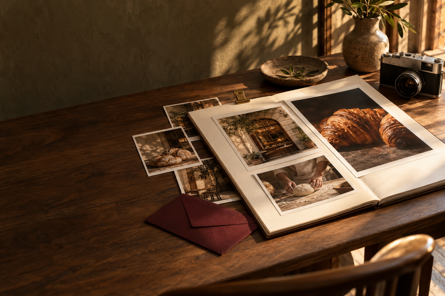 Open photographic folio on warm wooden desk beside a classic camera, burgundy envelope and olive branch