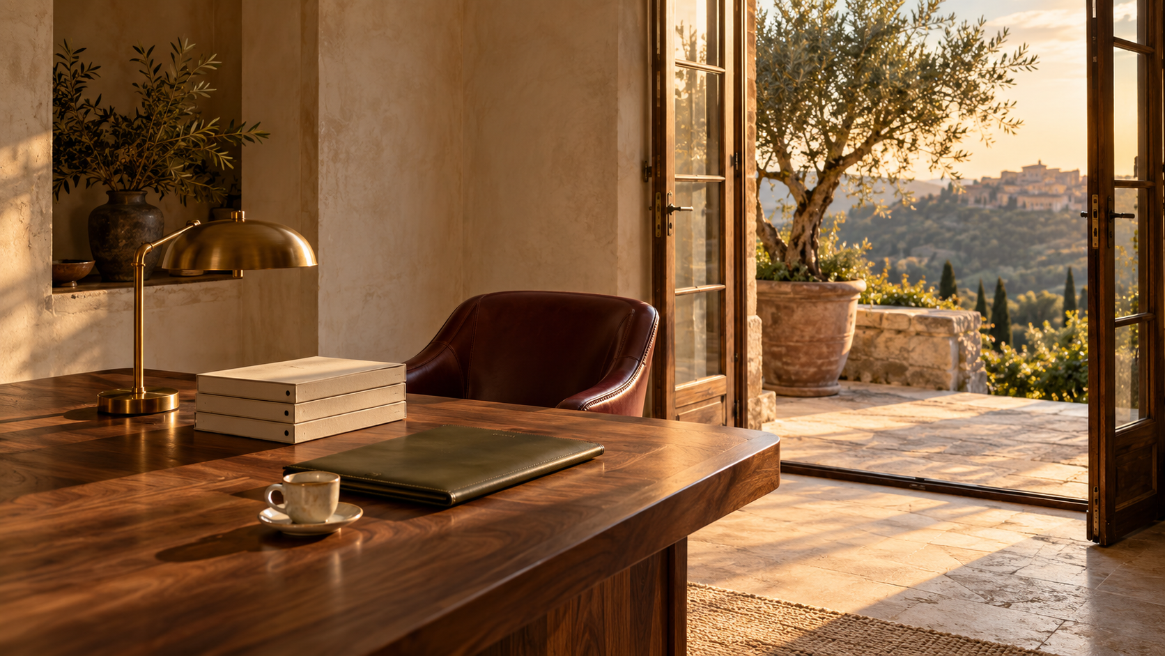 Shadowed atelier study with walnut desk, burgundy leather chair and sunlit terrace during golden hour