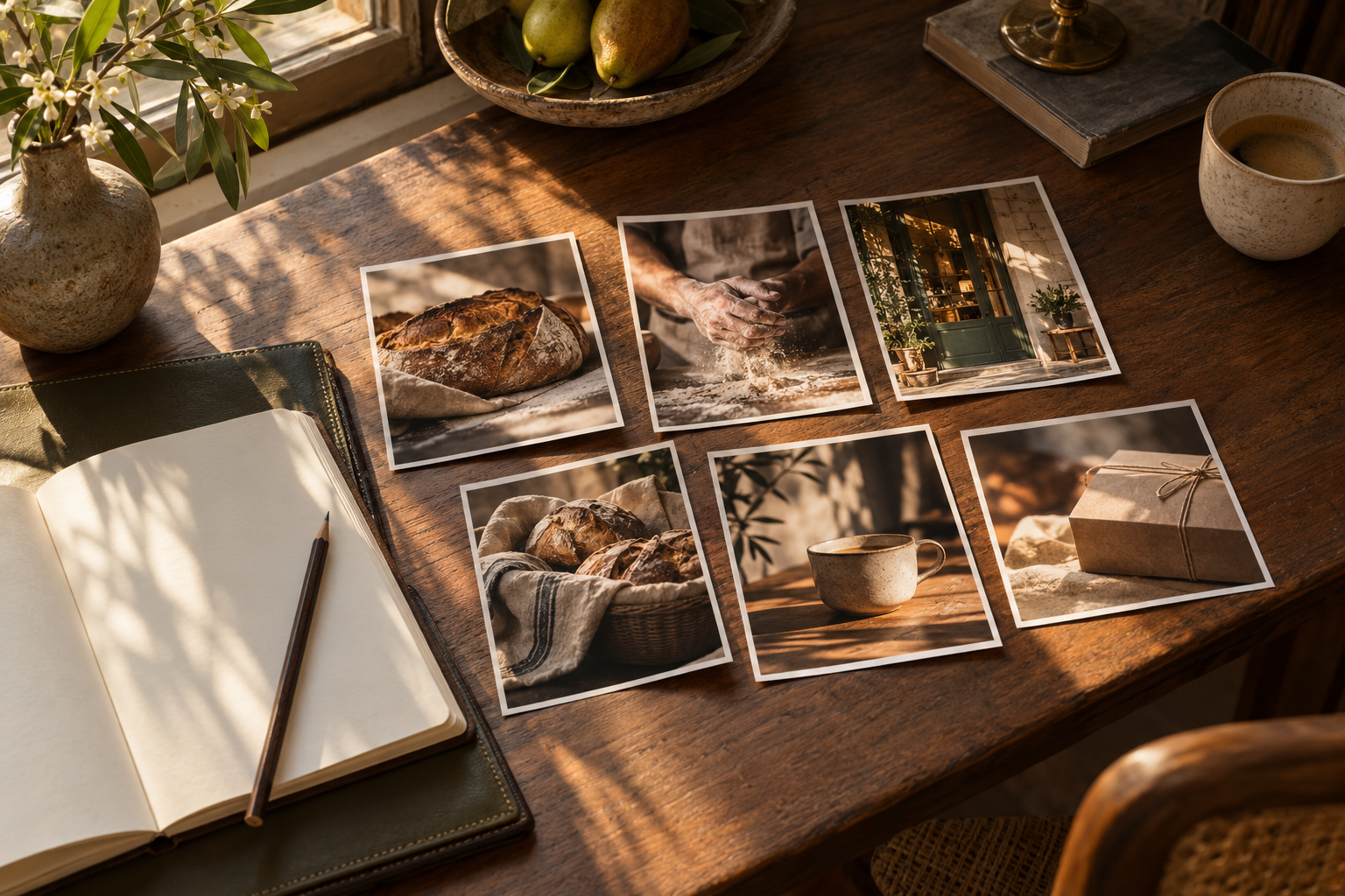 Warm sunlit walnut desk arranged with photographic prints of artisan bread, open linen notebook, and pencil