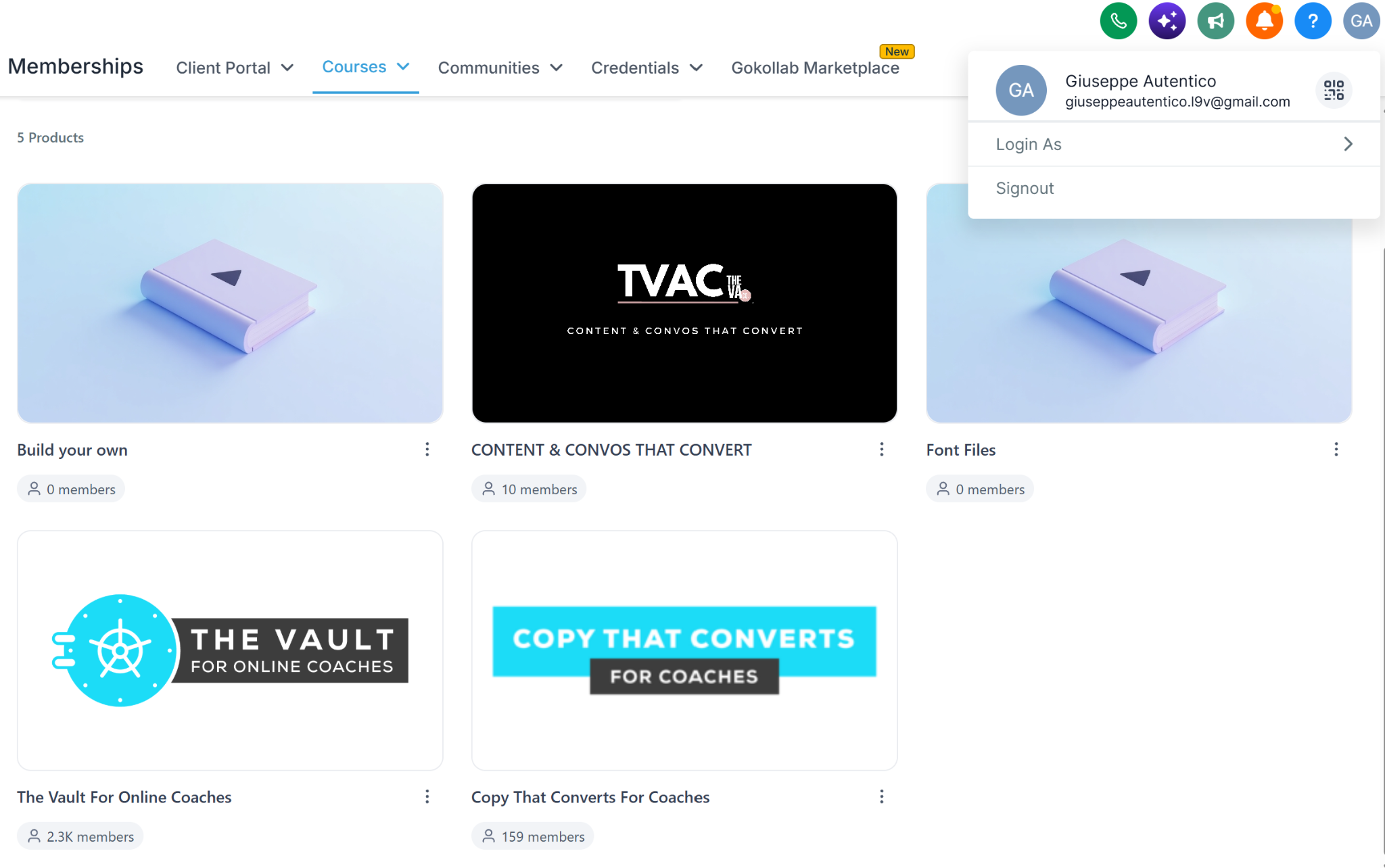 Coaching and course products showing The Vault for Online Coaches and Copy That Converts