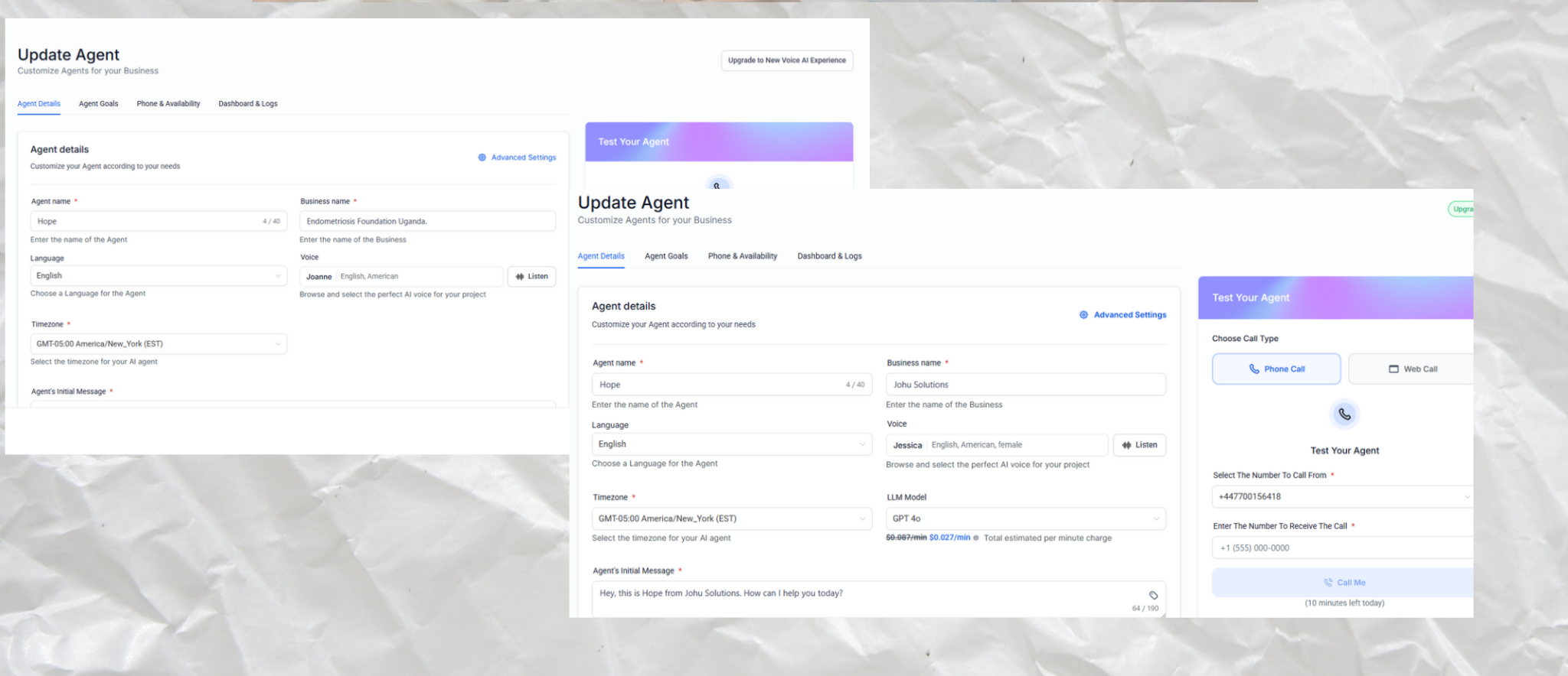 Voice AI Agent configuration dashboard showing agent setup and test call interface