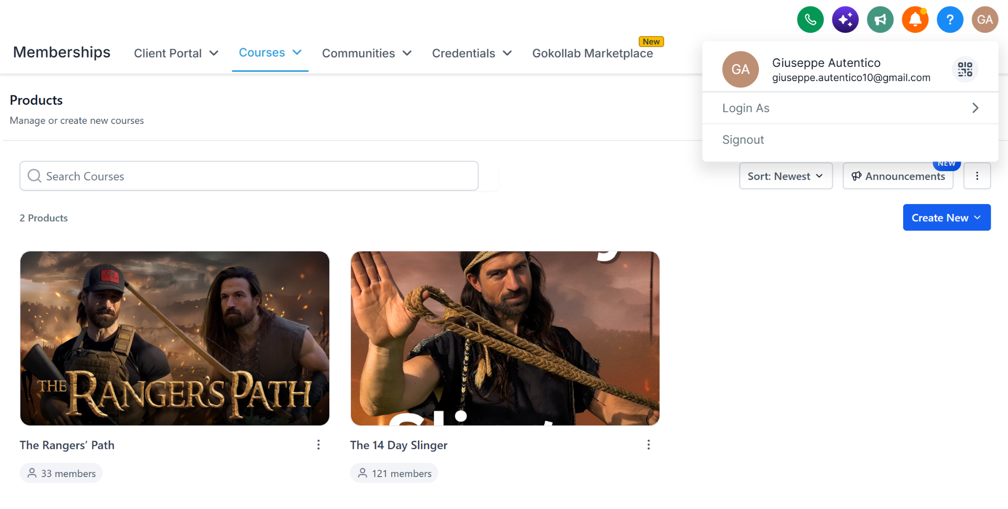 Courses and memberships portal showing The Rangers' Path and The 14 Day Slinger
