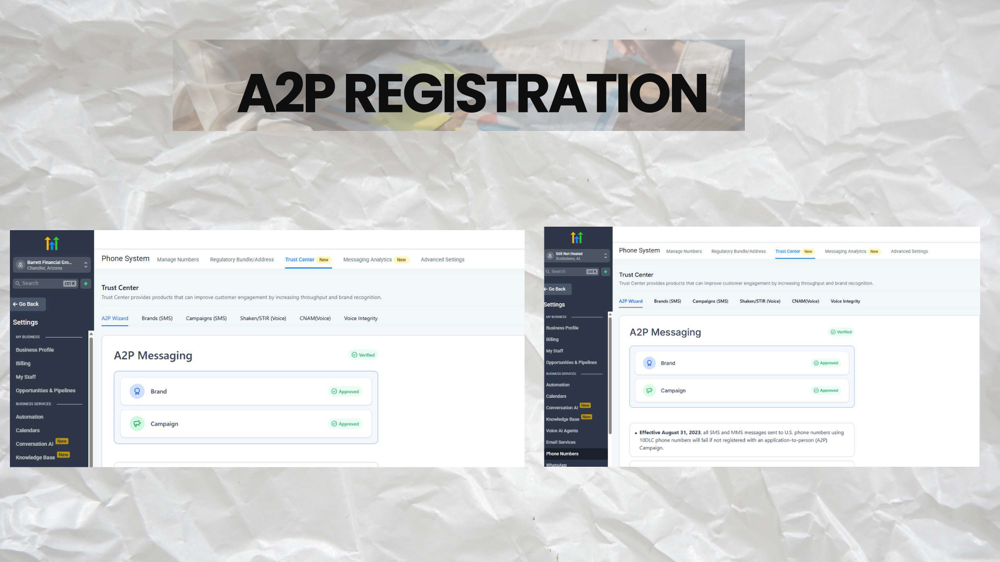 A2P Registration Trust Center overview showing verified brand and approved campaign submissions