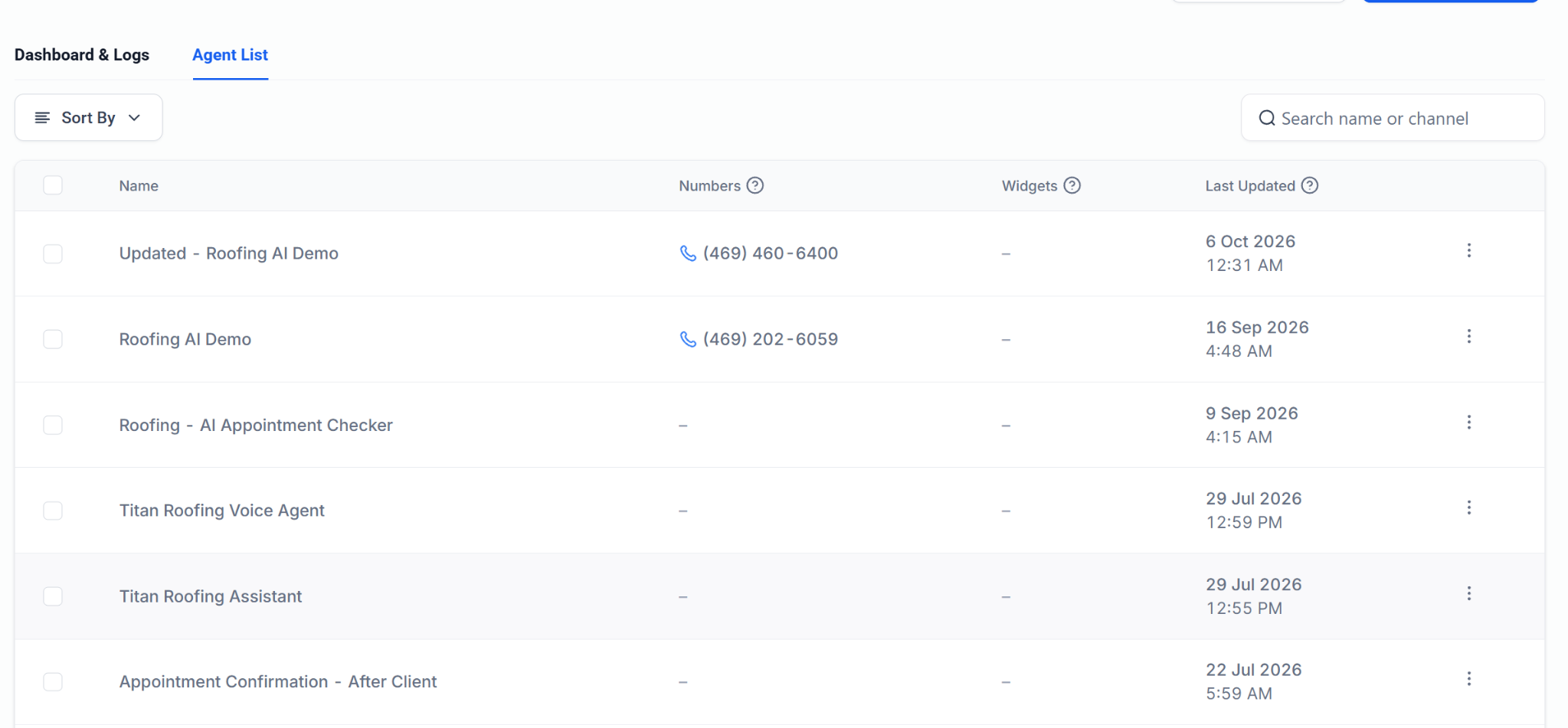 AI Agent List showing deployed voice agents for Roofing Demos and Appointment Checkers