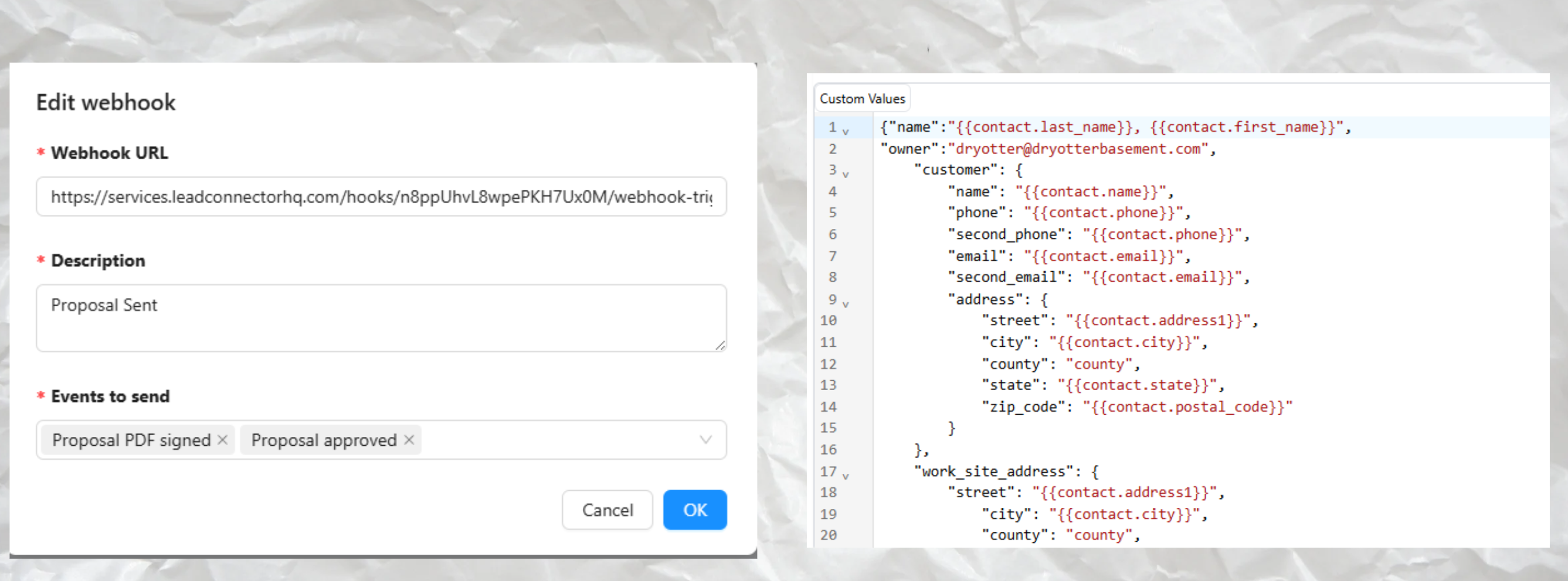 Webhook configuration with events to send and custom values JSON payload