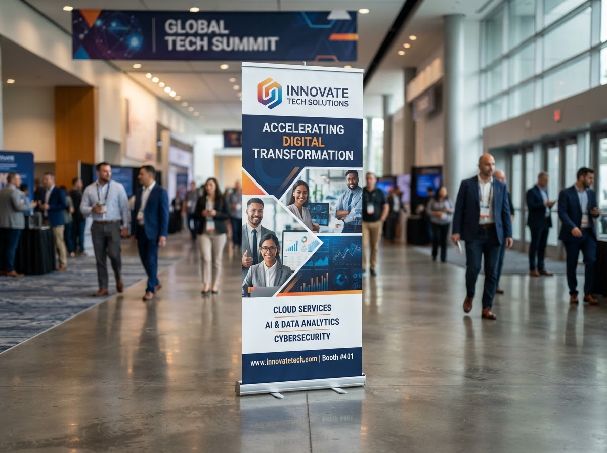 Freestanding retractable banner stand at a trade show lobby