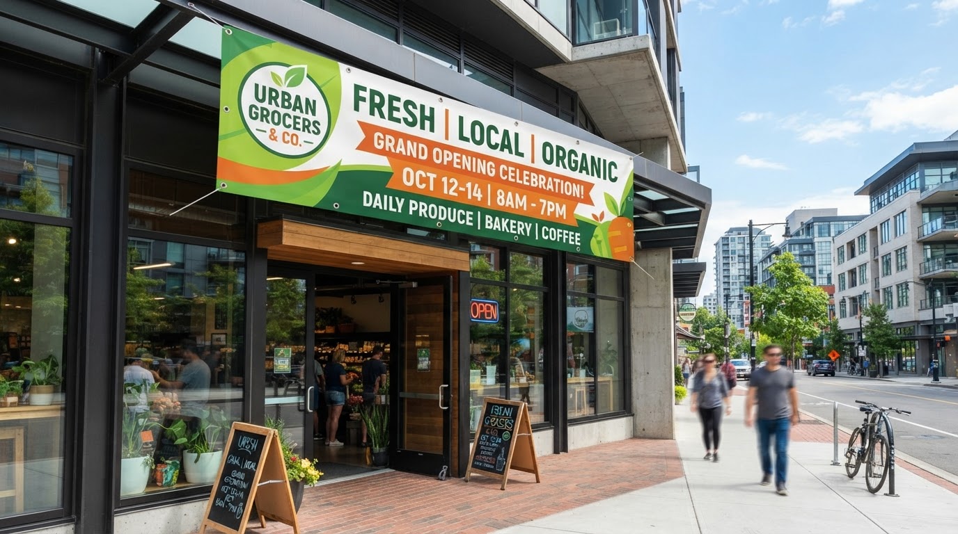 Custom vinyl banner displayed on a storefront