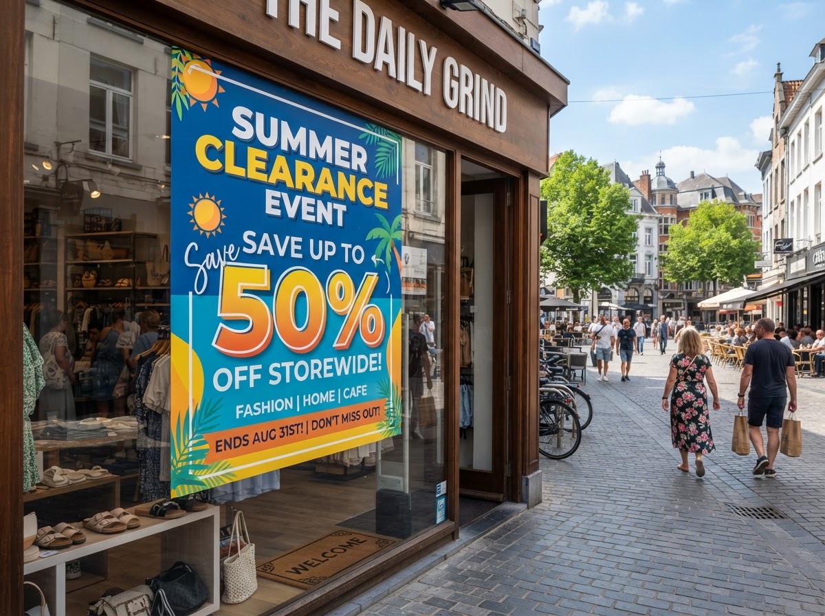 Large vinyl banner displayed on a storefront window with promotional graphics