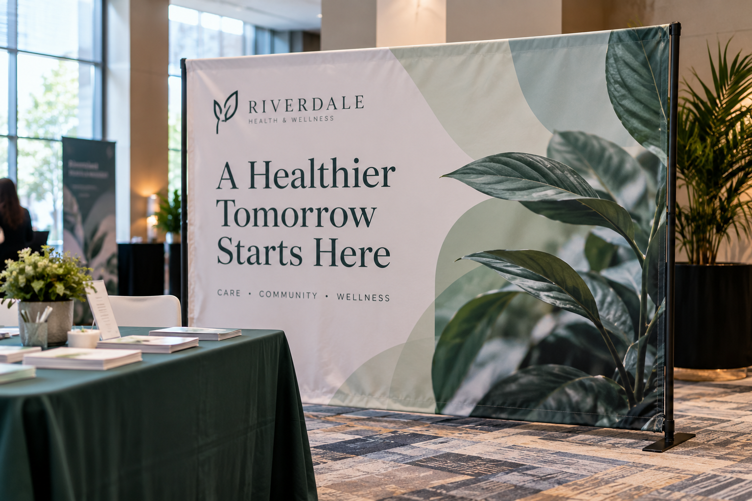 Fabric backdrop banner on display at a professional indoor event