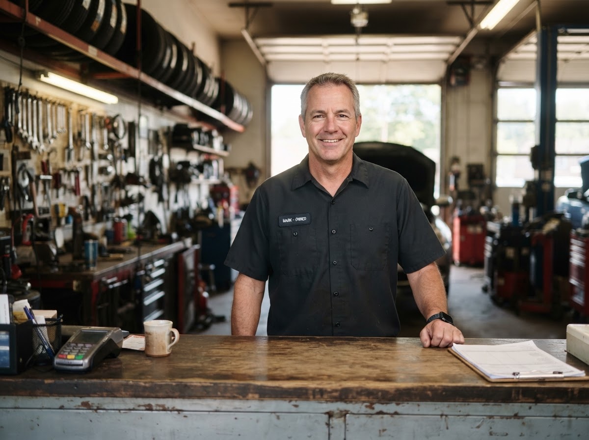 Independent auto repair shop owner at his garage
