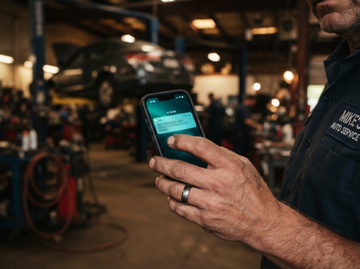 Auto shop owner receiving a text message on a phone in the shop
