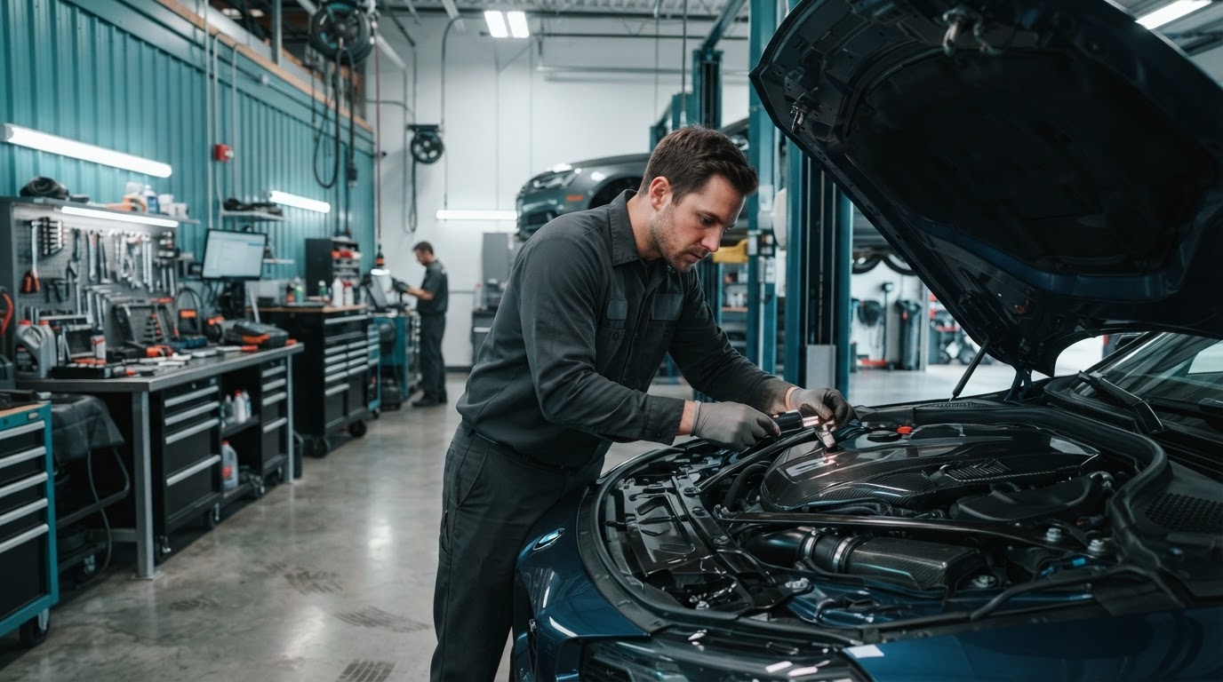 Mechanic inspecting a car engine bay in a clean auto repair shop