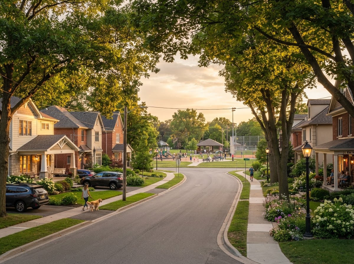 A welcoming suburban neighborhood street with mature trees