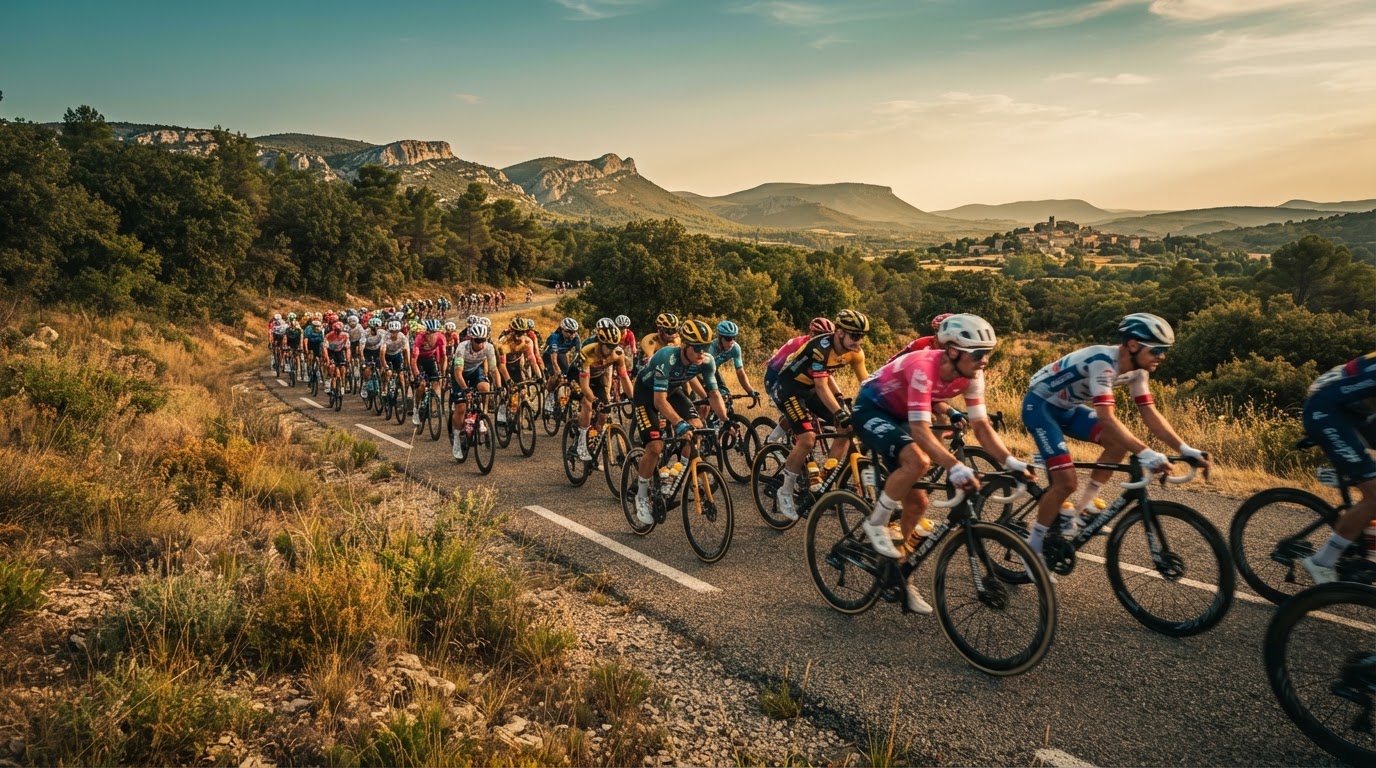 Peloton de cyclistes sur route dans la garrigue méditerranéenne du Gard au coucher du soleil