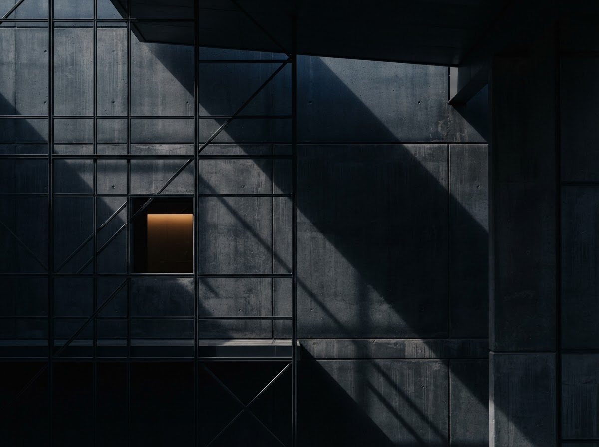 Abstract architectural detail in charcoal and navy with a warm amber highlight