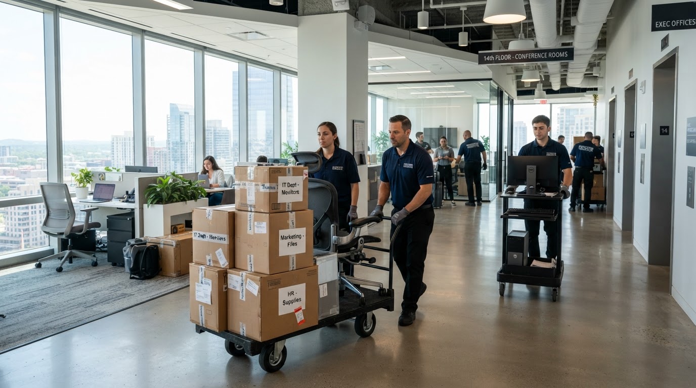 Commercial moving services including office equipment and furniture relocation