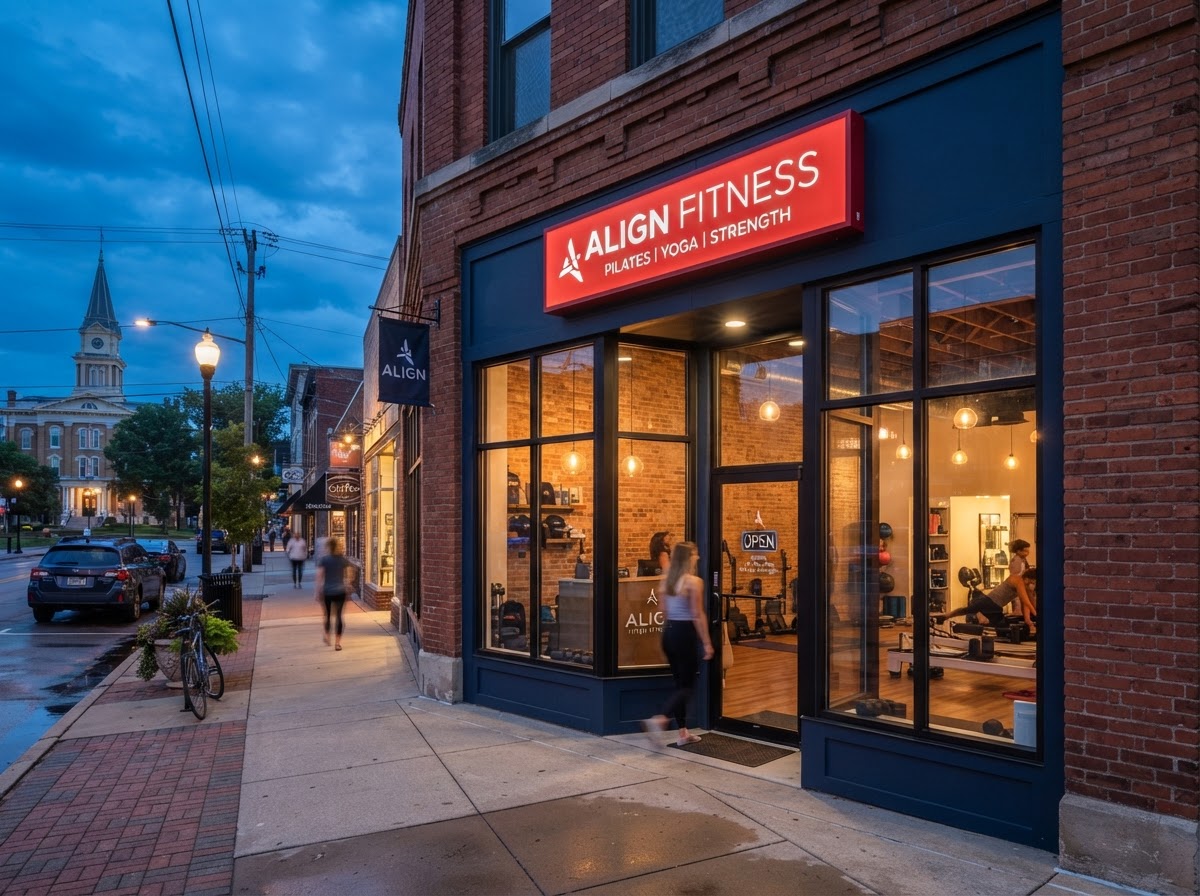 The exterior storefront of Pure Performance Fitness Center in downtown Springfield, IL