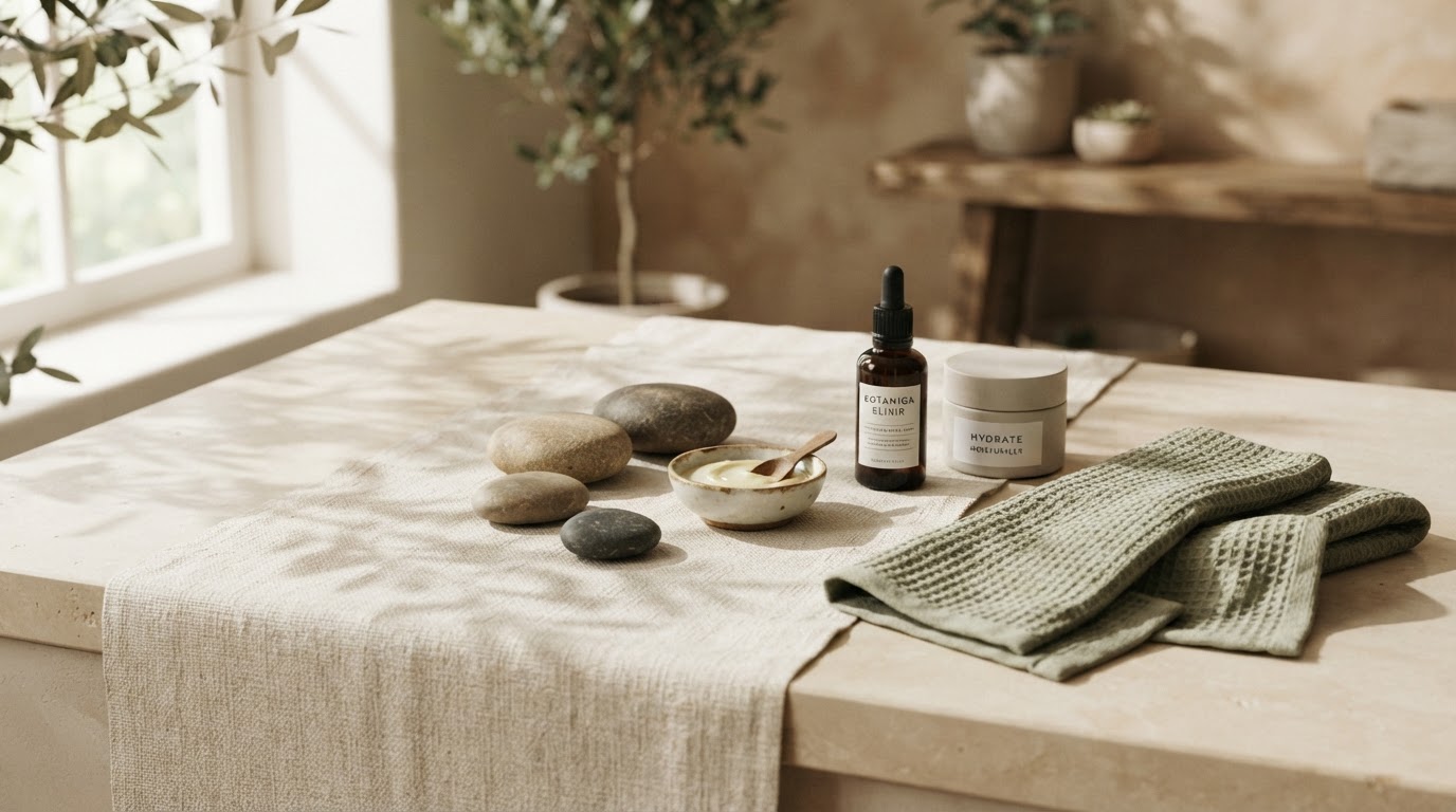 Soft natural light casting botanical shadows across linen and stone in the Sol & Cielo studio