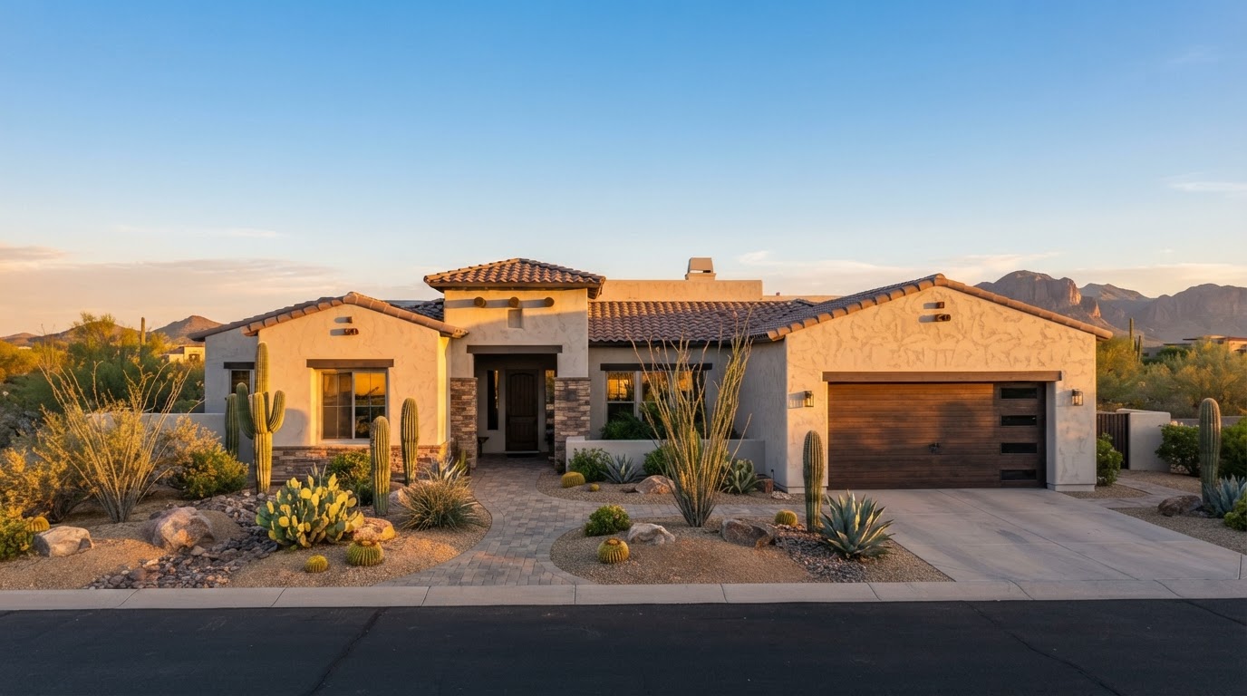 Mesa Arizona stucco home with a contemporary horizontal-panel garage door at golden hour