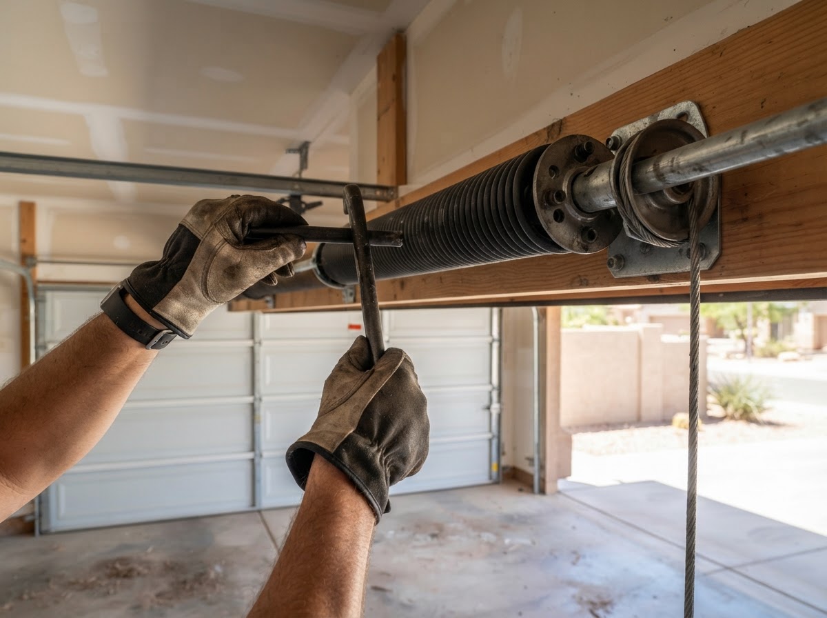 Garage door technician repairing a torsion spring on a residential garage door at a Queen Creek, Arizona home