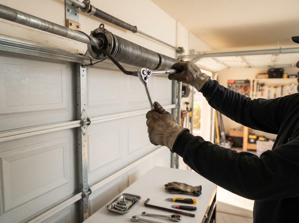 Garage door technician repairing a torsion spring on a residential garage door at a Tempe, Arizona home