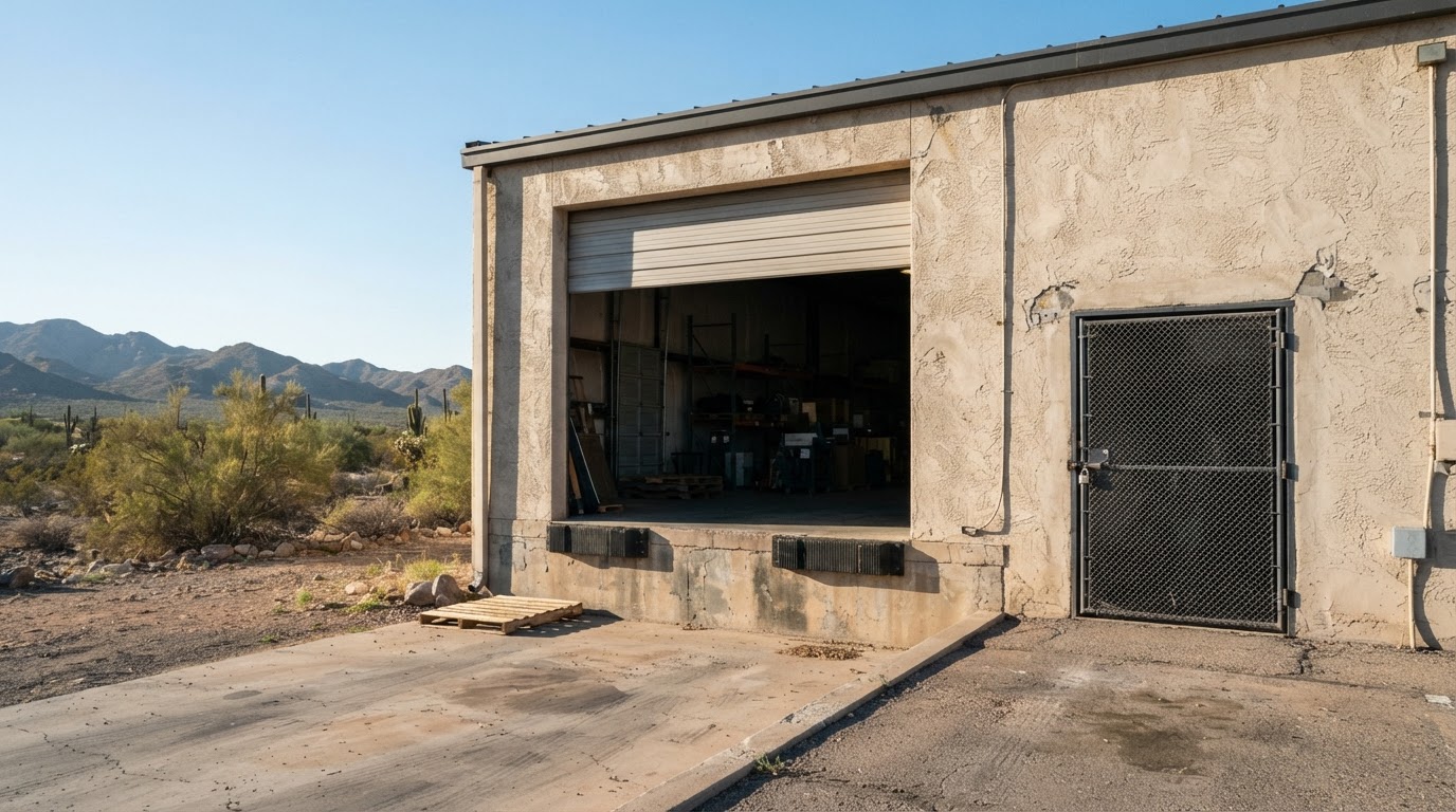 Loading dock overhead steel door raised open beside a metal security gate at a small commercial service yard in the Arizona desert