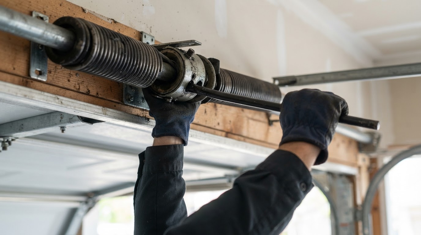 Garage door technician repairing a torsion spring on a residential garage door at a San Tan Valley, Arizona home