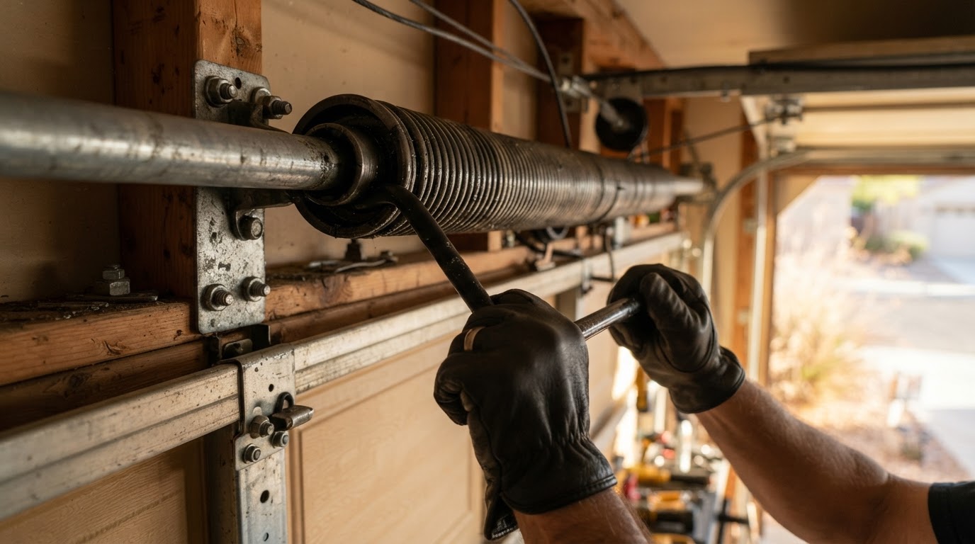 Garage door technician repairing a torsion spring on a residential garage door at a Sun City, Arizona home