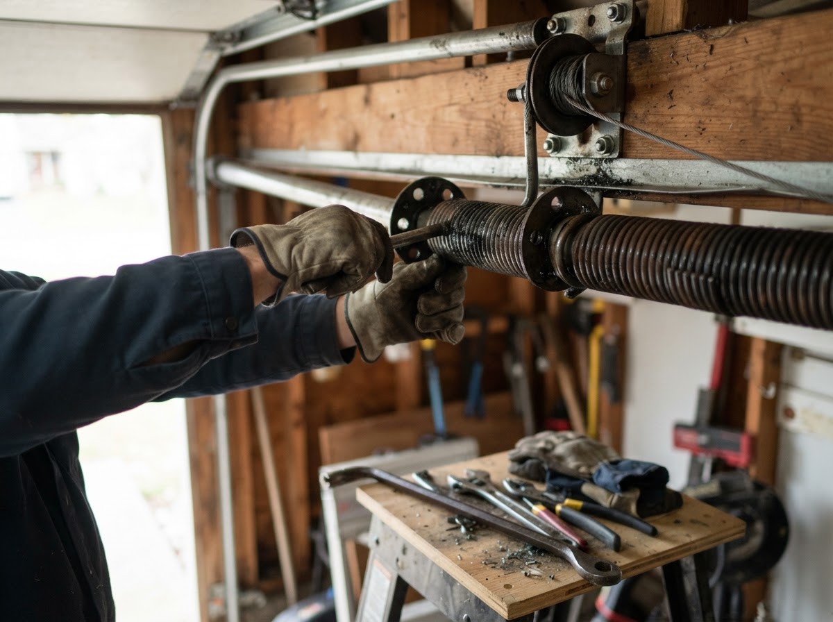 Garage door technician repairing a torsion spring on a residential garage door at a Phoenix, Arizona home