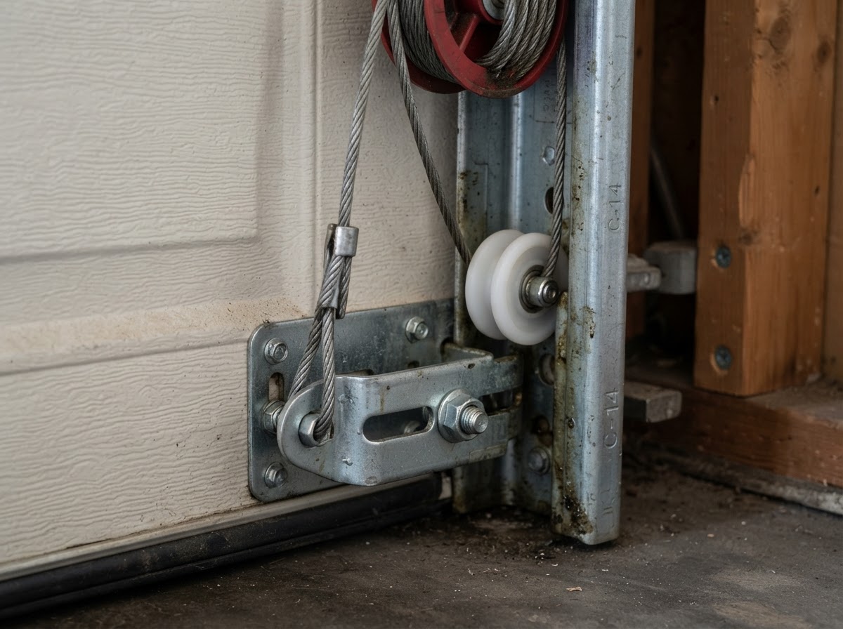 Garage door multi-point inspection and lubrication service on residential tracks, springs, and rollers in a Mesa Arizona home