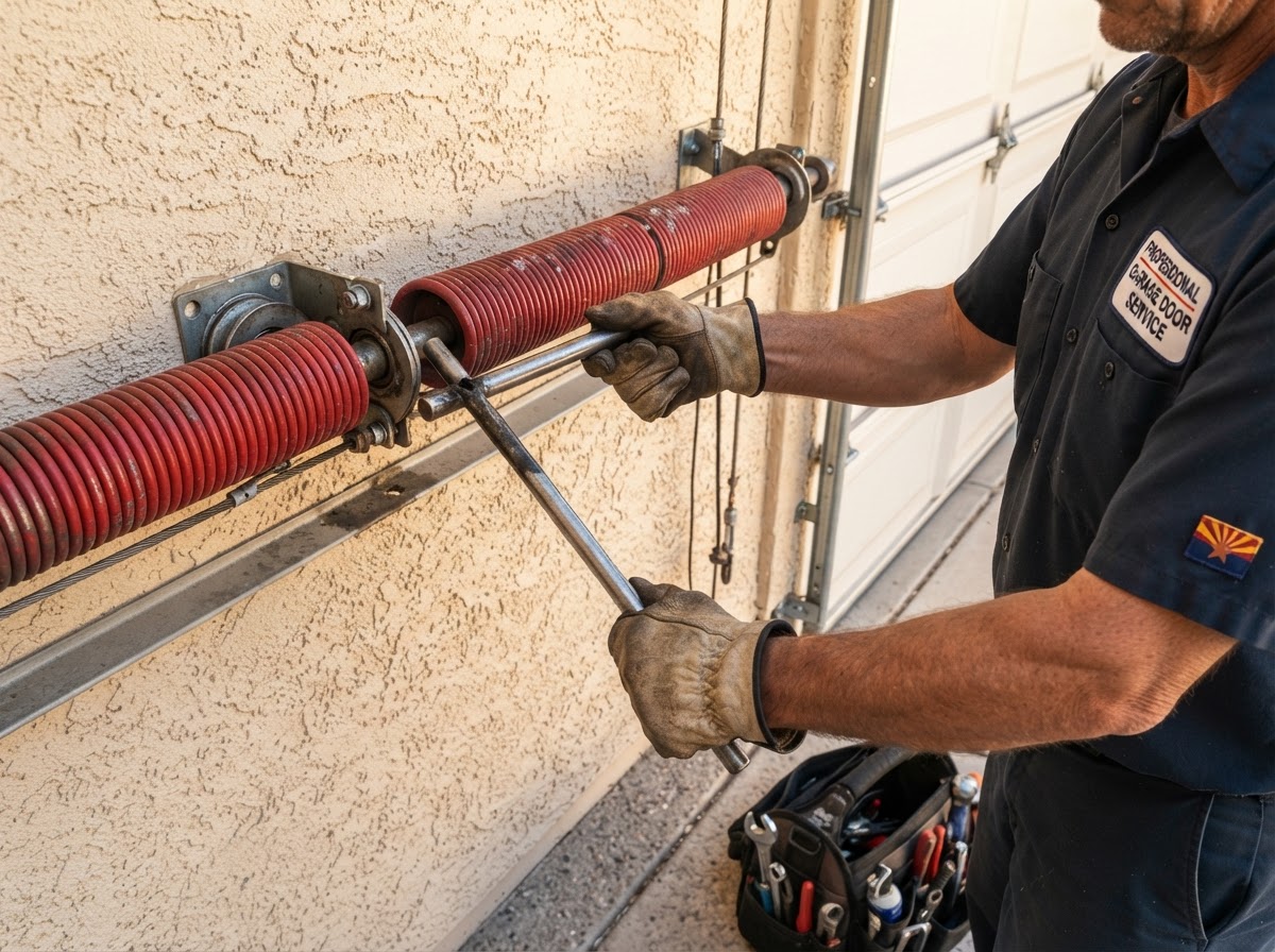 Garage door technician repairing a torsion spring on a residential garage door at a Surprise, Arizona home