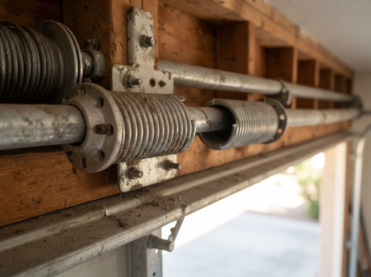 Close-up of a residential garage door torsion spring and winding cone being serviced in Mesa AZ