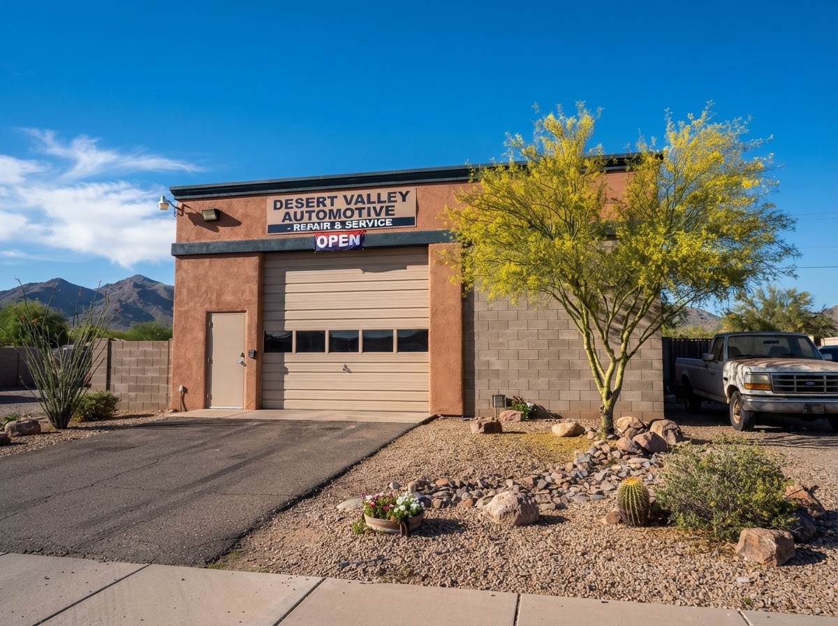 Sectional steel overhead commercial doors on a small business warehouse building in the Mesa Arizona Phoenix metro area